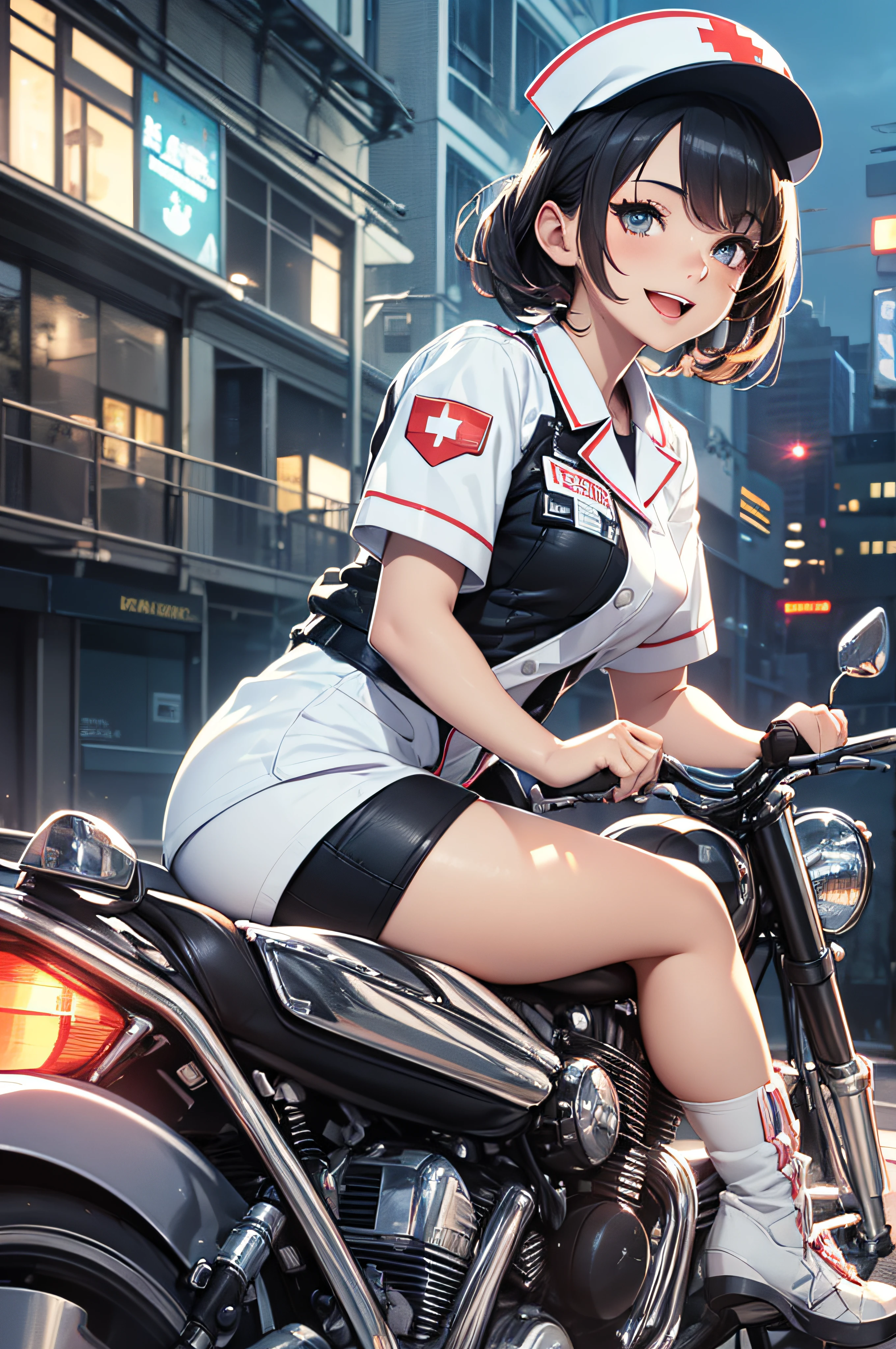 Official art, Best Quality, Unity 8k Wallpapers, masterpiece, ultra-detailliert, 超A high resolution, The best illustrations, Very ridiculous:1.2), (Cinematic lighting:1.2), Best Shadows, side lights, (Ultra-detailed and complex 3D rendering), Detailed beautiful face and eyes, A slender, 1Man Woman, Medium bust, (Full body:1.2), beauitful face, 18 year old beautiful girl, (super detailed skin、detailed skin textures:1.0), (riding on motorcycle:1.3), Nurse, White Bike, Nurse Cap, short-hair, poneyTail, (thighs thighs thighs thighs:0.8), First aid kit, Naughty, Smile with open mouth, Highway at night, scurry,