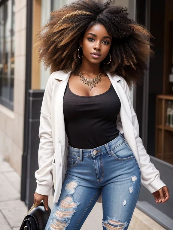 Araffe femme noire ,bouche charnue, chemisier, ripped jeans, belle belle femme, jaw dropping beauty, beautiful woman, avec afro, Beautiful and detailed body and face, Curly Afro, curly hair