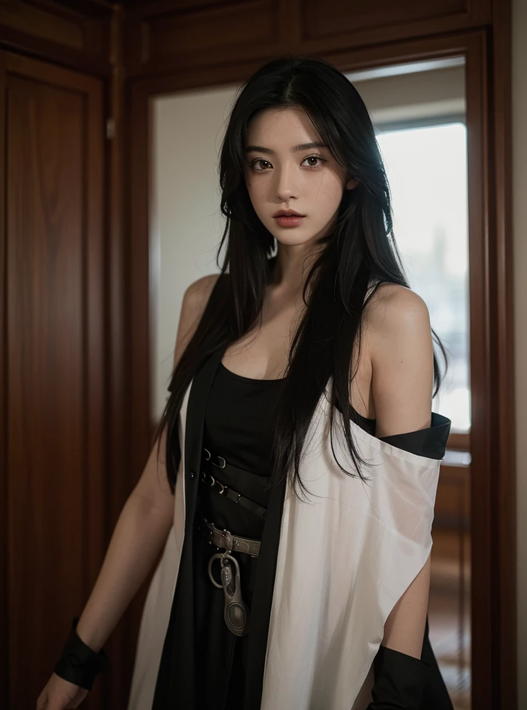 ( masterpiece, top quality, best quality, official art, Beauty and Aesthetics,8k,17 years old girl,ultra detailed,raw photo:1.5),(photorealistic:1.4), (black hair:1.5), Dreamy, cinematic lighting, PerfectNwsjMajic, , Surrealism, UHD, ccurate, Super detail, textured skin, High detail, Best quality, ((Movie Light)) , dynamic angle, splash art,Colorful,White skin,[Beautiful eyes], high nose,[flat chest:large breasts:0.5],(1girl),(good anatomy:0.5)), ,50mm lens," assassin , bits of colour, Sketch, hand drawn, dark, gritty, realistic sketch, Rough sketch, mix of bold dark lines and loose lines, bold lines, on paper, character sheet, assasin, Full body covered in metal, silk, garbs, ghostly theme, (((items and gear listed on the side))), snowfall, upper body