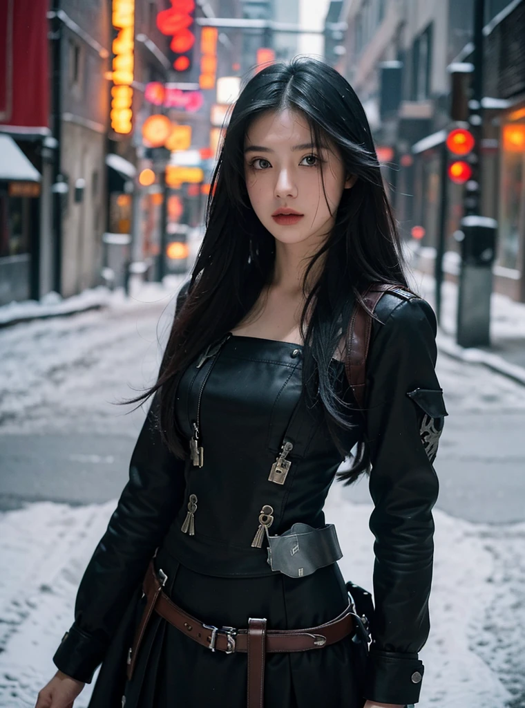 ( masterpiece, top quality, best quality, official art, Beauty and Aesthetics,8k,17 years old girl,ultra detailed,raw photo:1.5),(photorealistic:1.4), (black hair:1.5), Dreamy, cinematic lighting, PerfectNwsjMajic, , Surrealism, UHD, ccurate, Super detail, textured skin, High detail, Best quality, ((Movie Light)) , dynamic angle, splash art,Colorful,White skin,[Beautiful eyes], high nose,[flat chest:large breasts:0.5],(1girl),(good anatomy:0.5)), ,50mm lens," assassin , bits of colour, Sketch, hand drawn, dark, gritty, realistic sketch, Rough sketch, mix of bold dark lines and loose lines, bold lines, on paper, character sheet, assasin, Full body covered in metal, silk, garbs, ghostly theme, (((items and gear listed on the side))), snowfall, upper body