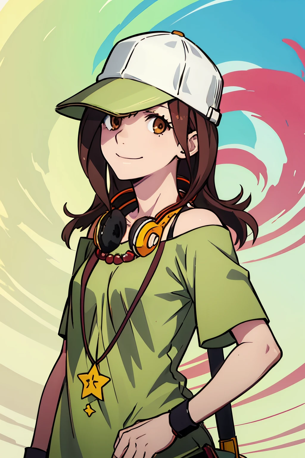 gaenizuko, 1girl, solo, hat, long hair, brown hair, brown eyes, headphones, headphones around neck, baseball cap, green shirt, off-shoulder shirt, necklace, hair over one eye, smile, jewelry, off shoulder, bare shoulders, looking at viewer, wristband, star (symbol), hat over one eye, shirt,gaenizuko