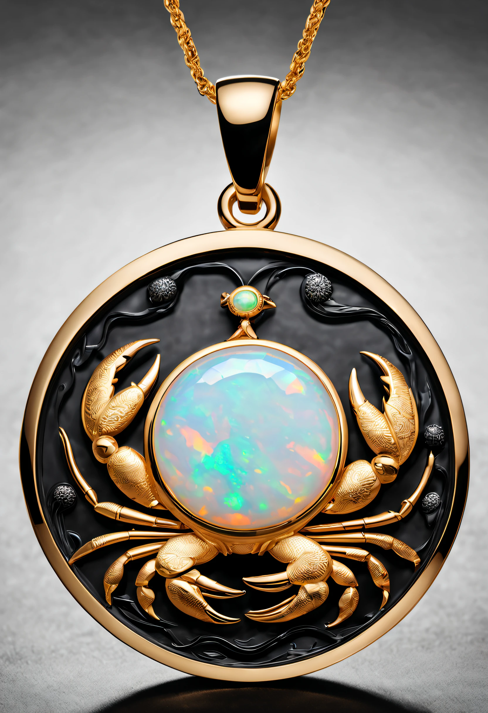 (a round pendant), simple style,
(only one double opal ), black gold border, carving, frosted, (cancer symbol: 0.8),(gold freehand crab: 0.8),(side carving cindy xu:0.6), black shell, Van Cleef & Arpels, Cartier,
Item Design, Pendant Design, Logo Design, Engraving Design
Background: White,best quality, masterpiece, high resolution, Hyperrealistic, 8K, Scandinavian, Modern, Contemporary, Minimalism,