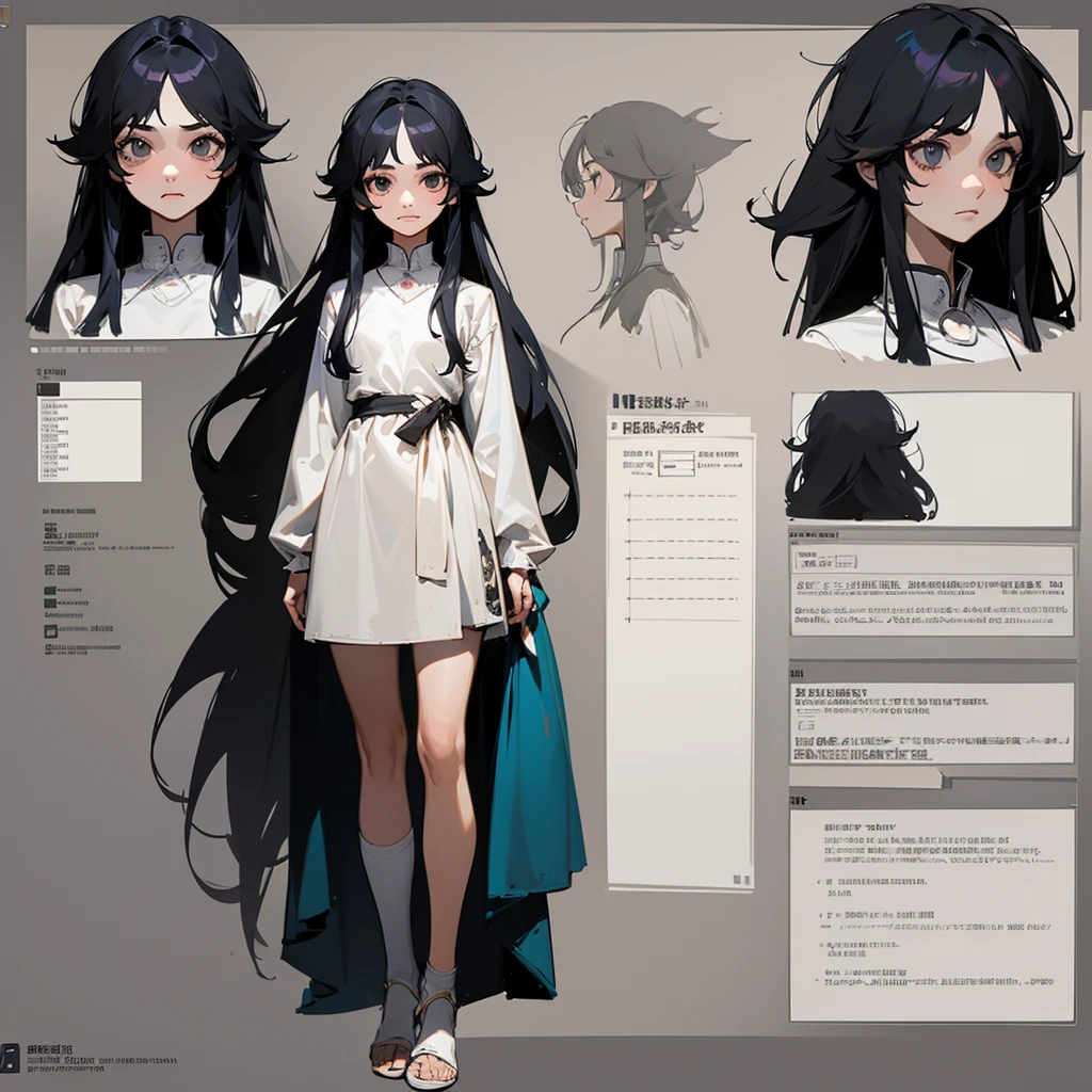master piece, Highest Quality)), Detailed Face, Character Sheets, full - body, Full of Details, multiple poss and expressions, frontal view, side glance, seen from behind, Character Sheet, Highly detailed, depth, many details,girl with black hair, short stature, messy hair, Long hair, small face, emaciated, white oversized long sleeve shirt, disheveled, free flowing long hair, Face gloomy, emaciated, The breasts are very small
