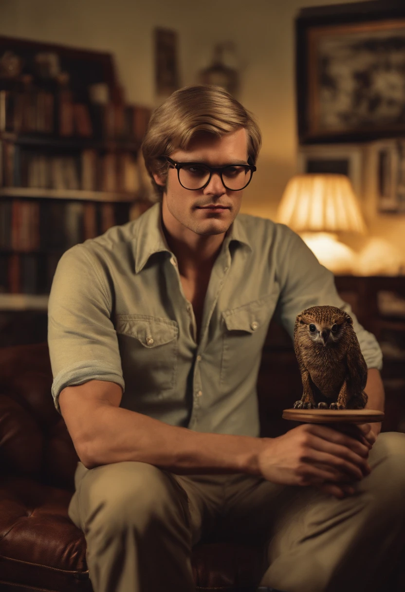 A photo of Jeff in his dimly lit living room, surrounded by a stack of dark, twisted poetry books and a jar of preserved animal specimens.,original,Jeff is tall, broad, muscular, with blonde hair and blue eyes, aviator glasses, 1970s aesthetic. Jeffrey Dahmer