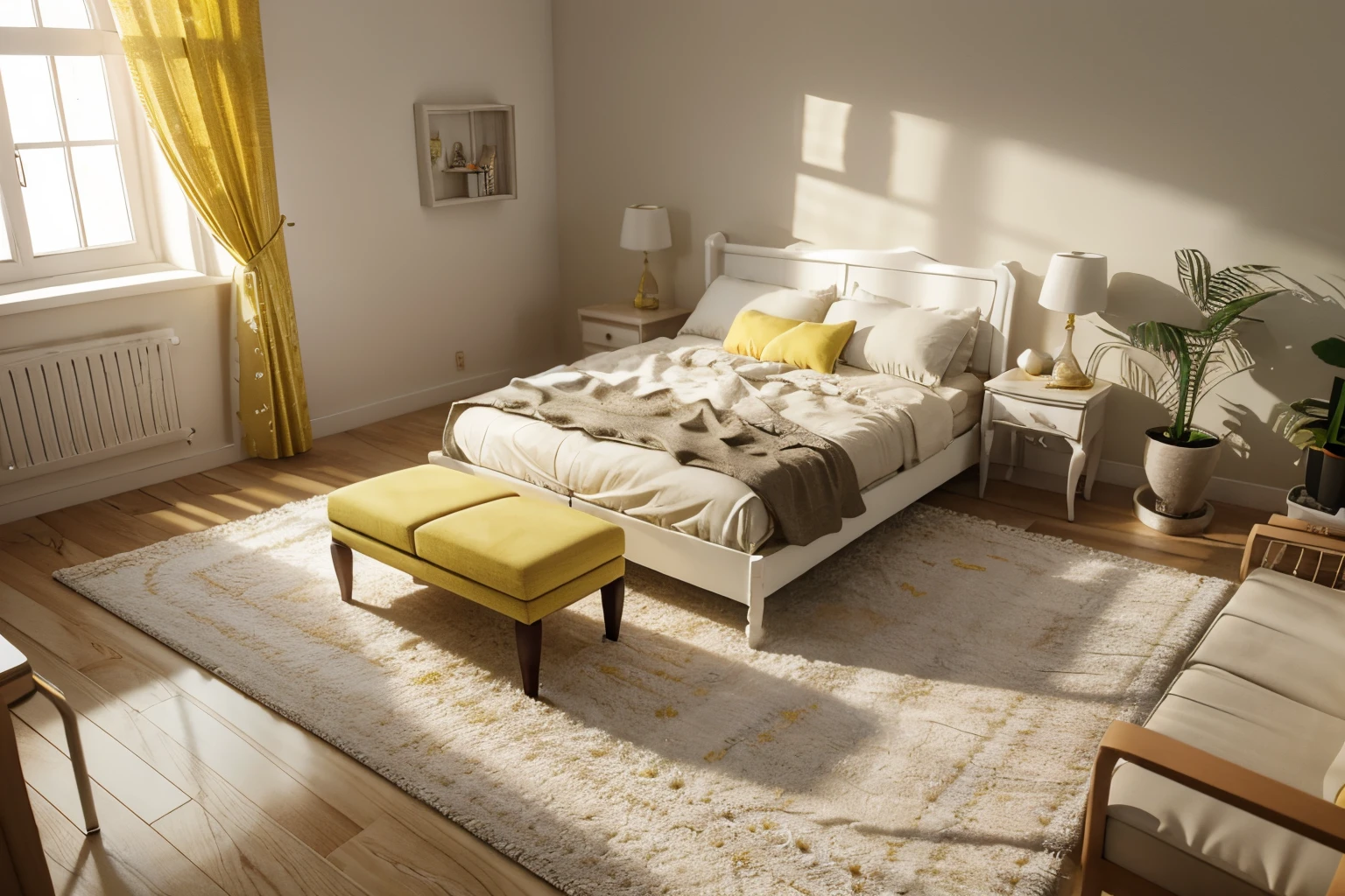 Crazy meticulous dollhouse, Comfortable bedroom, Cute 3d render, Attractive lights and shadows, White and yellow cushions, architecture, tables and chairs, Indoors, Building, bed room, Room, rug, a plant, Home décor, sofe, chair, Interior design