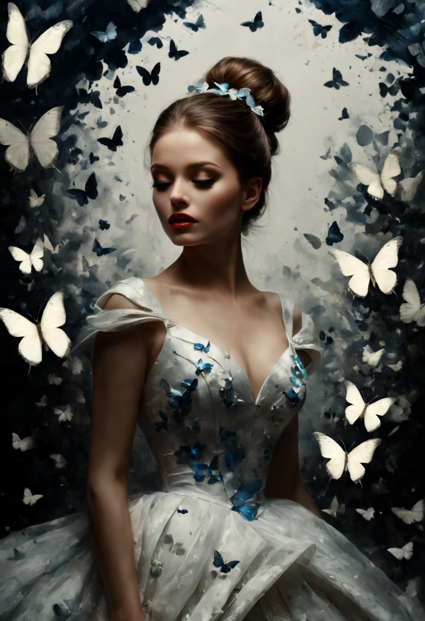 mj, RTX, 4k, HDR, Anna Razumovskaya, Casey Baugh, Antonio Mora, Aminola Rezai, Giovanni Boldini, art, realistic art.silhouette of a woman surrounded by butterflies, trending on pixabay, beautiful dress, cute artwork, cinderella, beautiful shapes, polishing, outdoors, great photo on Pinterest, stencil, scales, white background, symbols