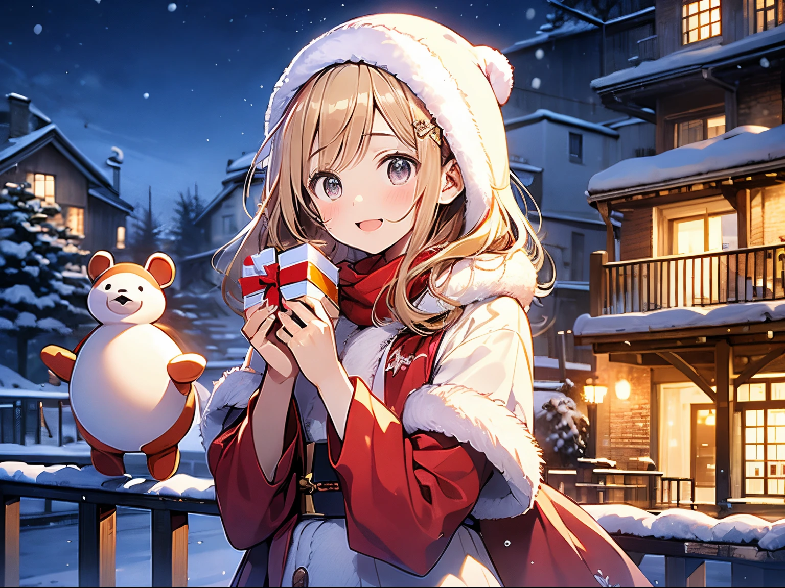 in 8K、top-quality、masterpiece、ultra-detailliert、Ultra-high resolution、1 persons、 girl、It's snowing、nightcity、a blond、santa costume、deliver a present