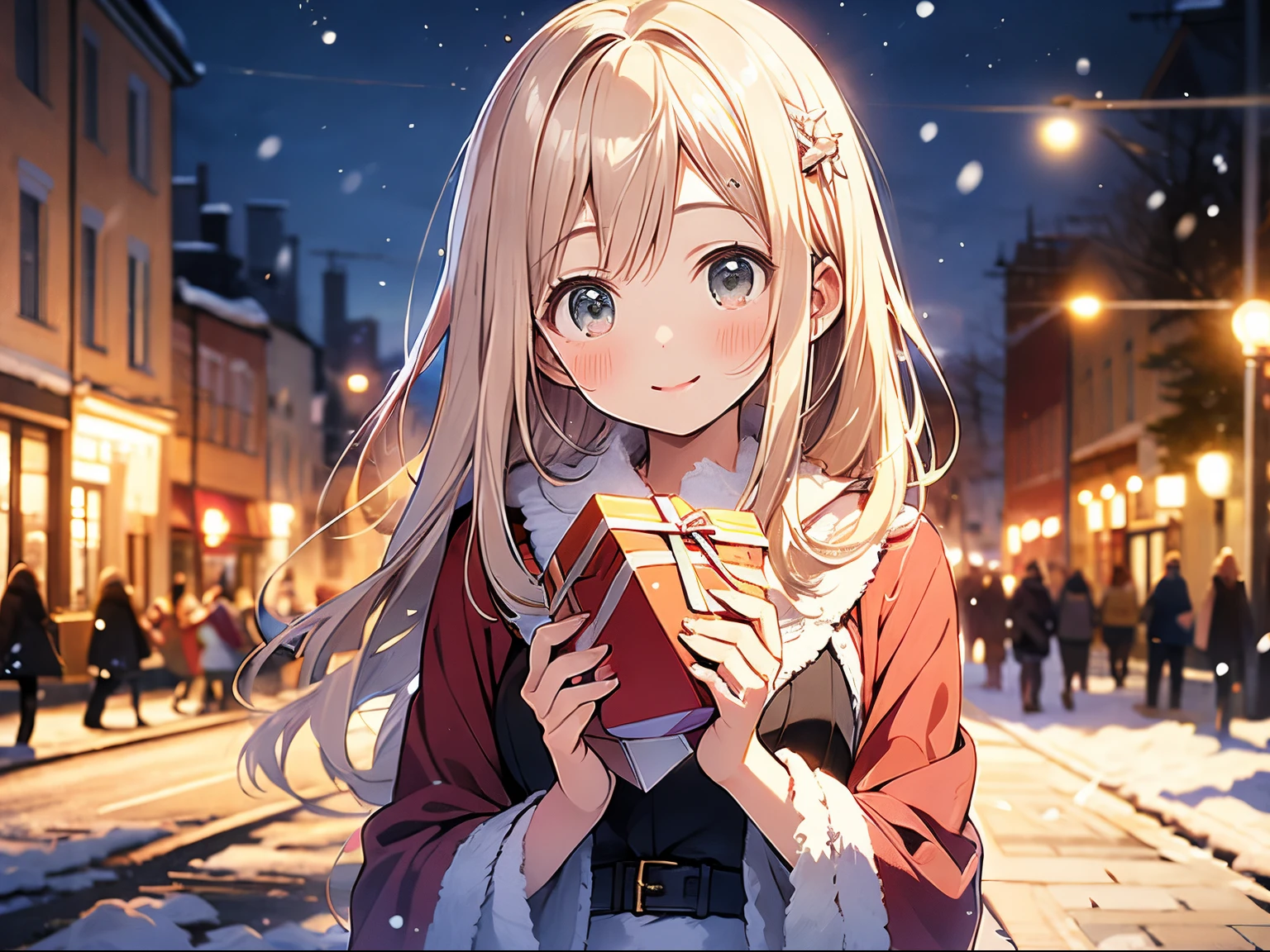 in 8K、top-quality、​masterpiece、ultra-detailliert、Ultra-high resolution、1 persons、************ girl、It's snowing、nightcity、a blond、santa costume、deliver a present