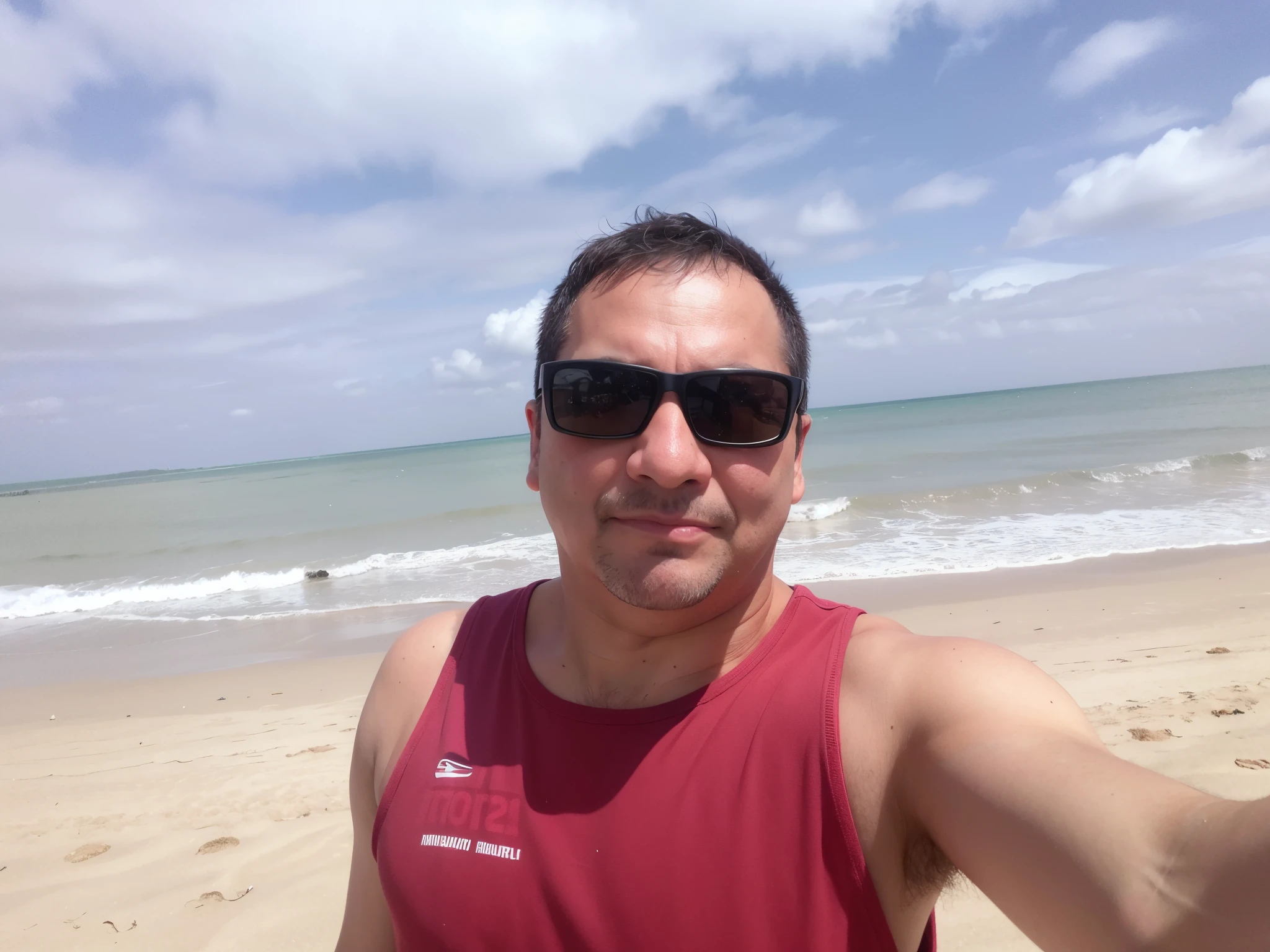 There's a man taking a selfie on the beach, Homem de 40 anos, foto de praia, standing at the beach, na praia