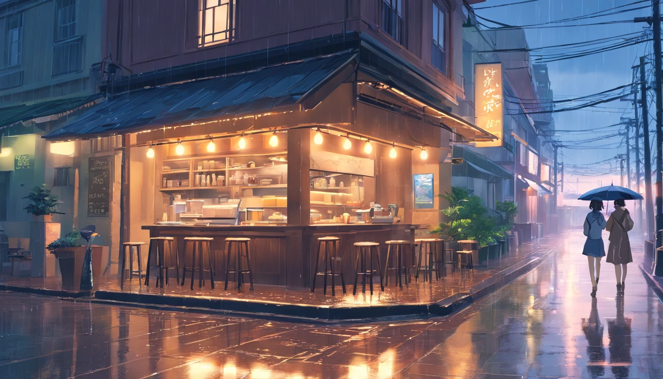 cafe, outdoor, street, muddy, light, dark, bright, heavy rain, rain, raindrops, dark, dark environment, high res, hd, 4k