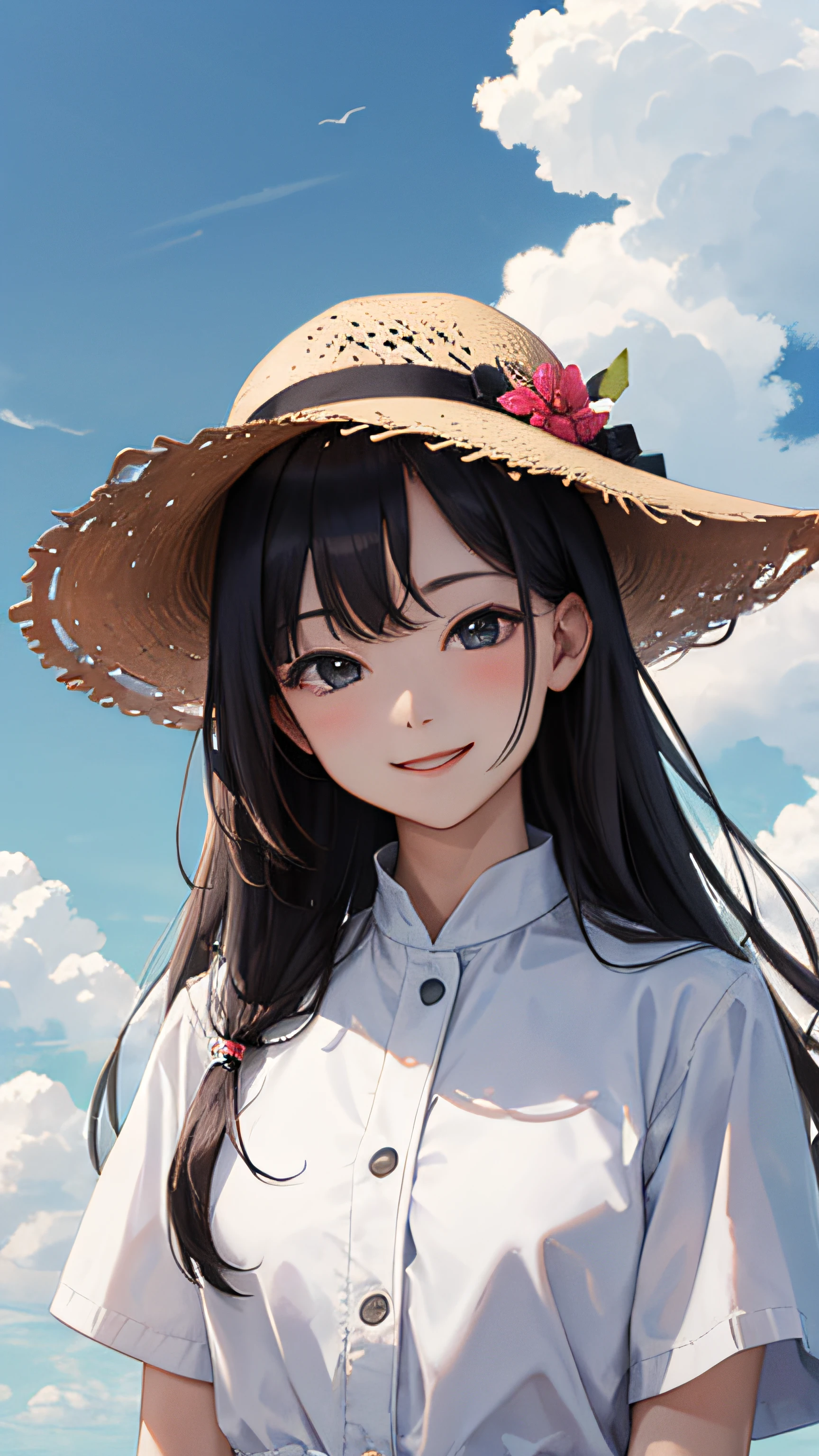 (masterpiece, best quality:1.2), (looking at viewer), happy face, white theme, cloudy sky,