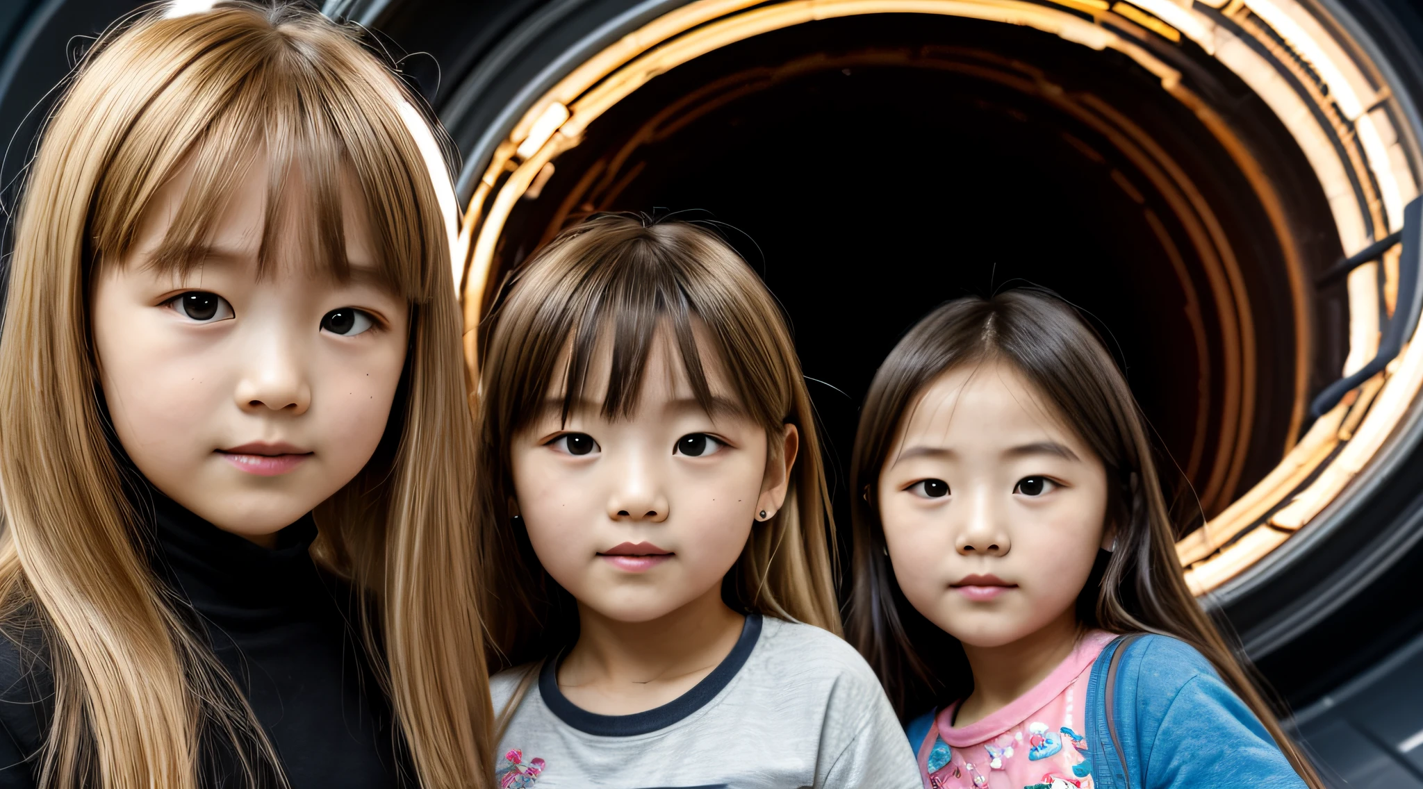 BLACK HOLE, there are two CHILDREN girls BLONDE HAIR in front