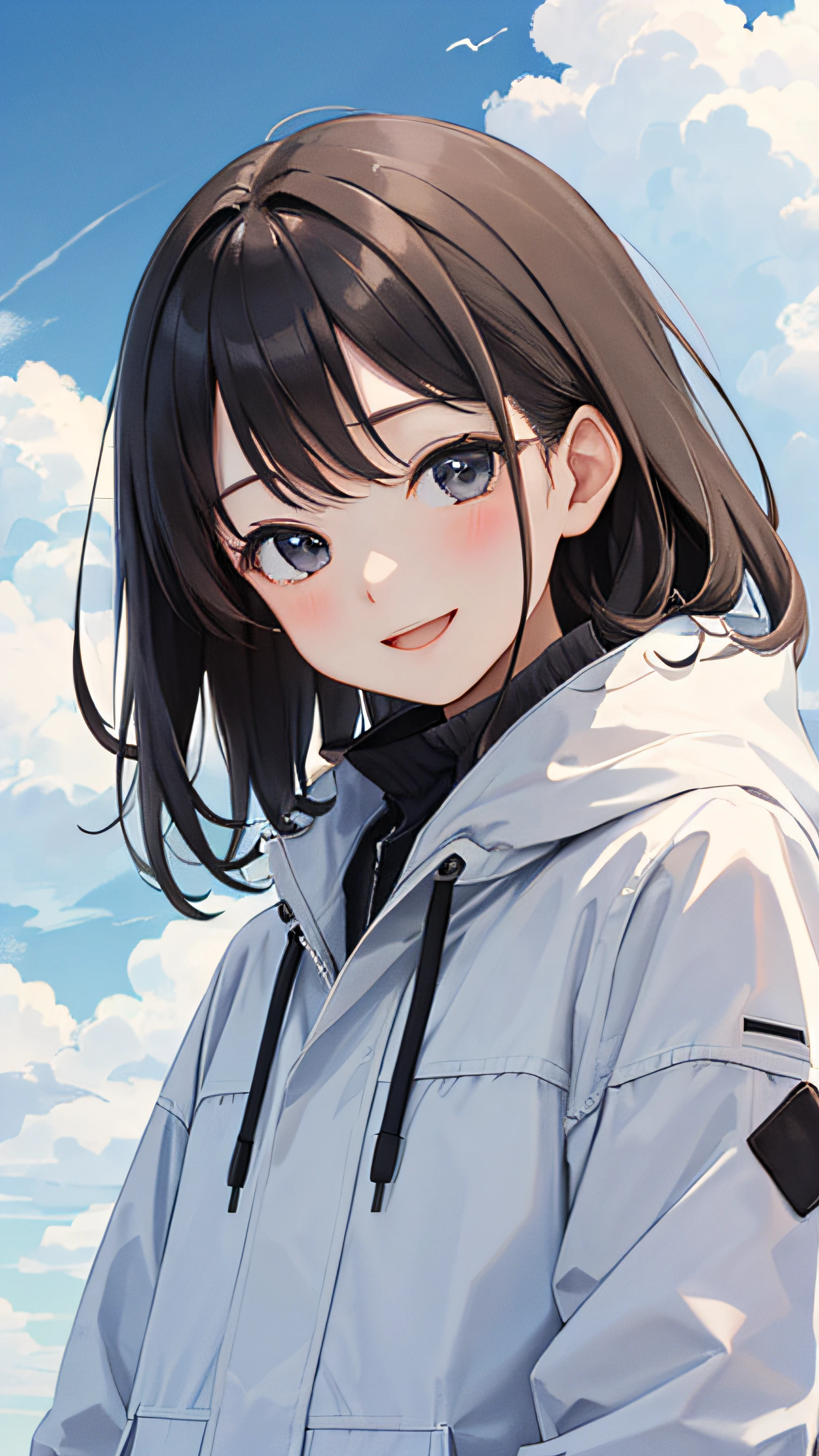 (masterpiece, best quality:1.2), (looking at viewer), happy face, white theme, cloudy sky,