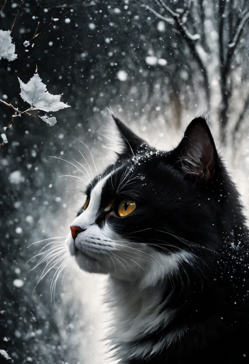 mj, RTX, 4k, HDR, Anna Razumovskaya, Casey Baugh, Antonio Mora, Aminola Rezai, Giovanni Boldini, art, realistic art. cat, first snow, flakes, partial snow cover, film still, breathtaking, falling leaves, melancholic mood, nature's farewell in the rustling of gusts of wind, photorealism, film grain, film still, bokeh, intricate detail, perfect composition, beautiful detailed complexity Insanely Detailed Octane Rendering, 4k Fine Art Photography, Photorealistic Concept Art, Soft Natural Volume Cinematic Perfect Light, Chiaroscuro, Award Winning Photography, Masterpiece, Oil on Canvas,