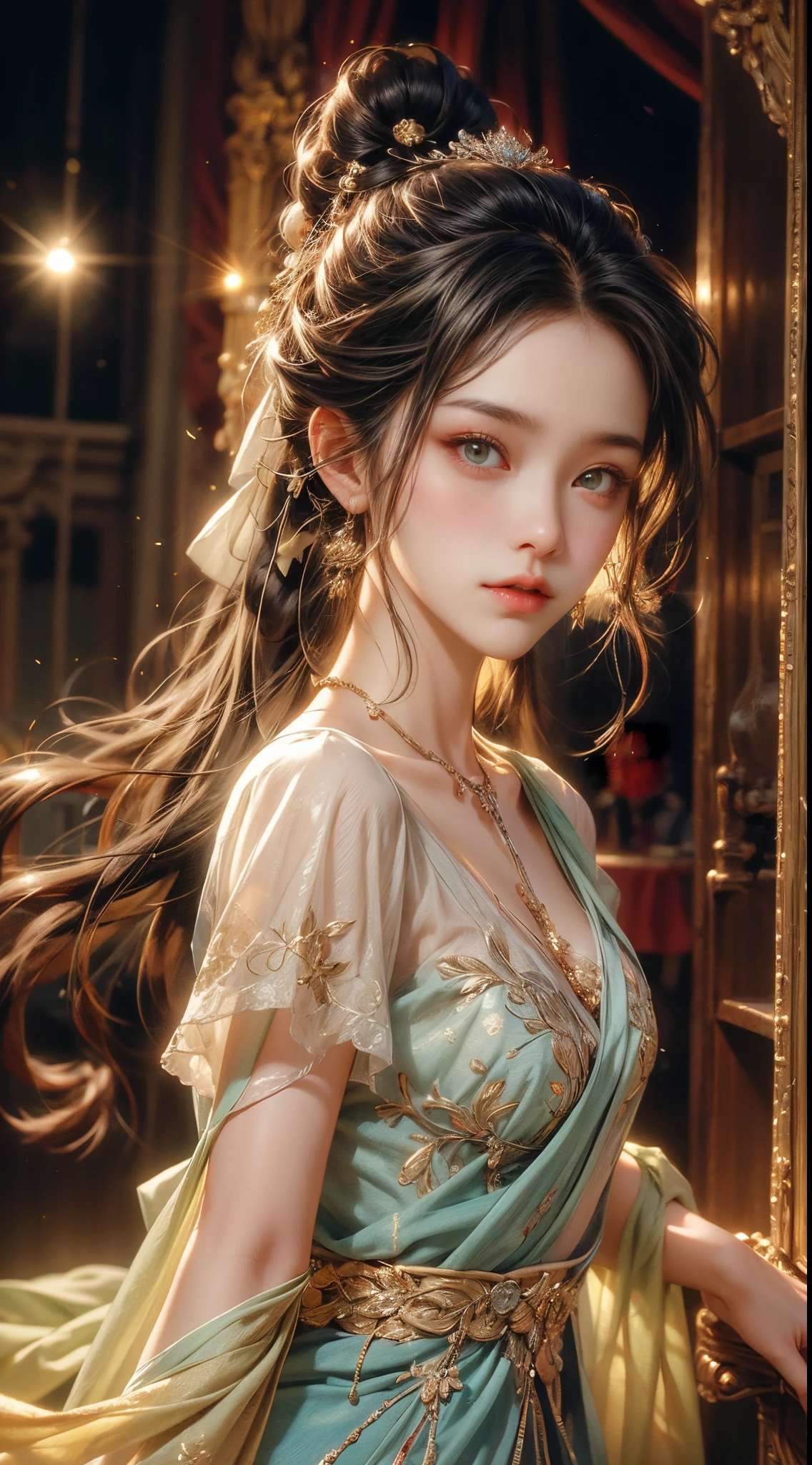 A girl with long messy hair stands in front of a world-famous theater. The theater is a super-detailed CG unified 8k wall, Featuring stunning architectural details and vibrant colors. Girl's hair is flowing and knotted, Add a touch of natural beauty to the scene. The lighting in the theater is like a movie, Warm soft light illuminates the girl's face. Has subtle lens flare,Adds a dramatic effect to the image. This girl has a cute and delicate appearance, It has beautiful and delicate eyes and lips. Overall image quality reaches the highest standards, Featuring ultra-detailed textures and intricate details. This is a masterpiece of the perfect fusion of art and technology.