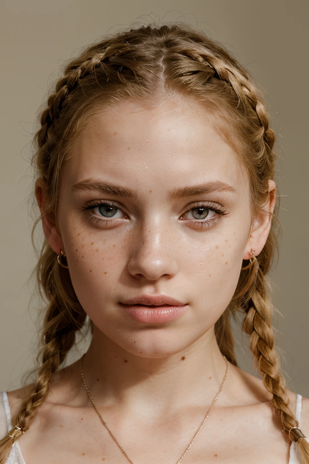 masterpiece, photorealistic, close up face portrait, 1 lady, alluring woman, blonde, sofisticated, jewelery, young beautiful, cute freckles, realistic skin textures, skin imperfections, twin braids, young girl, freckled,blonde, freckled pale skin, anna nikonova aka newmilky, lacey