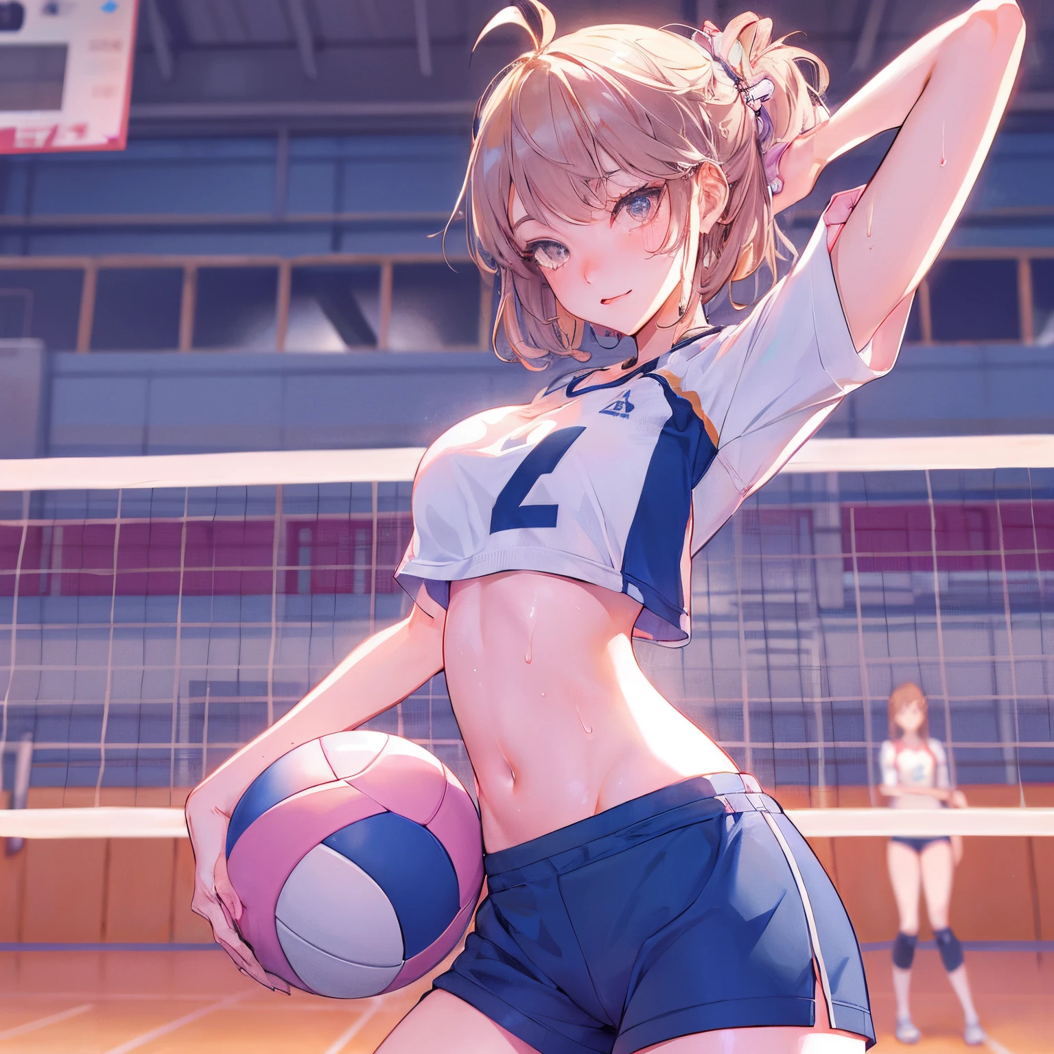 (masterpiece, 4k ,ultra detailed:1.2),(beautiful face:1.2),(anime:1.2),illustration,(solo:1.2),(looking at viewer:1.4),(supermodel:1.3),(volleyball athlete:1.4),(volleyball uniform:1.4),(bike shorts:1.4),(volleyball:1.5),(sweaty skin:1.3),(blue hair),(bangs pinned back:1.3),,(very short hair:1.5),(white panties),(string, Chiseled abs, bouquet, child, large breasts, petite:1.1),(sfw,nipple,dress,sports bra:1.5),(cinematic angle),(full body:1.2),(Cameltoe:1.3),(volleyball field:1.5),(show off Cameltoe:1.3), six pack abs, muscle arms, muscular, tomboy