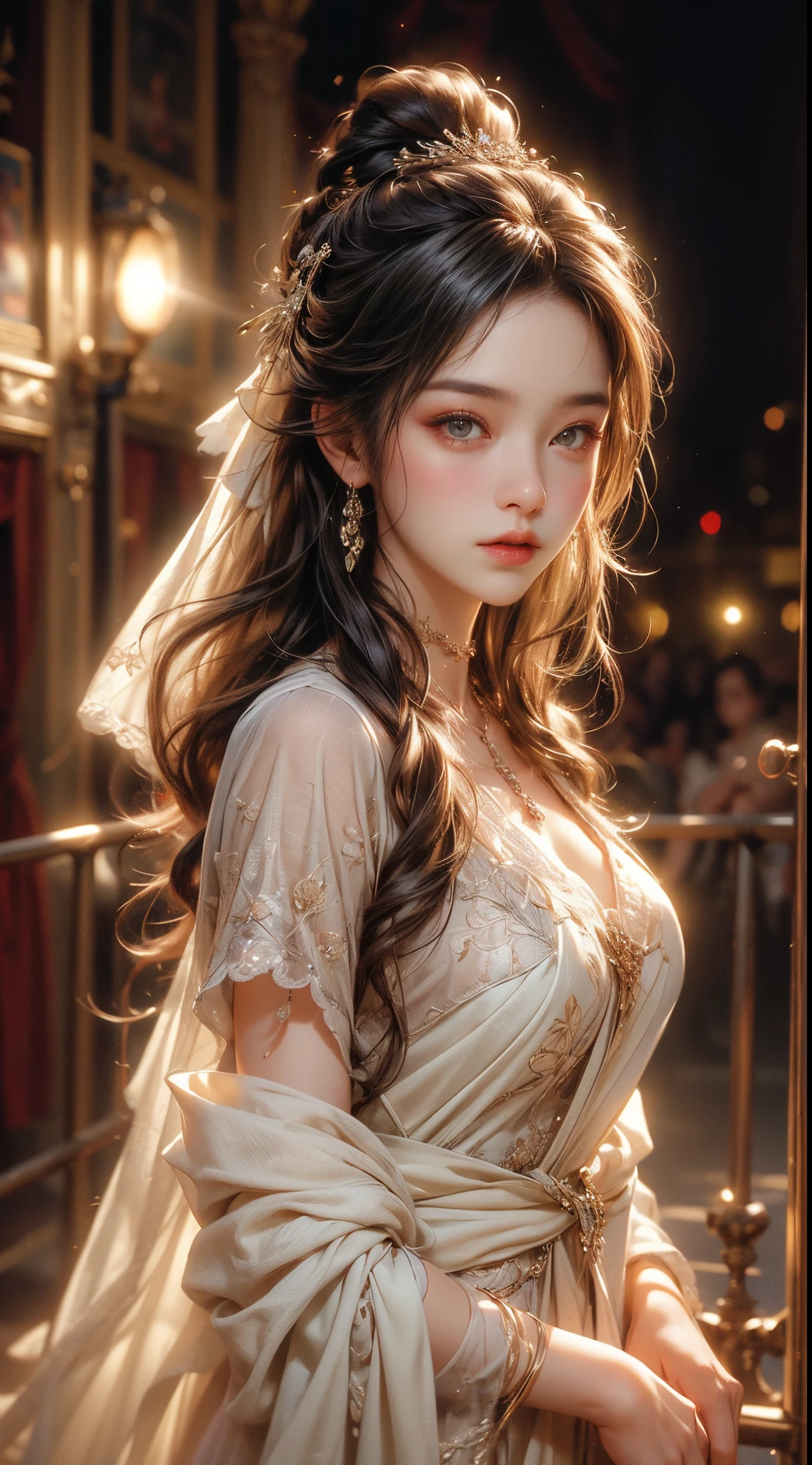 A girl with long messy hair stands in front of a world-famous theater. The theater is a super-detailed CG unified 8k wall, Featuring stunning architectural details and vibrant colors. girl'flowing and knotted hair, Add a touch of natural beauty to the scene. The lights in the theater are like watching a movie, Warm soft light illuminates the girl's face. Has subtle lens flare,Add drama to images. This girl has a cute and delicate appearance, It has beautiful delicate eyes and lips. The overall image quality is of the highest standard, Featuring ultra-detailed textures and intricate details. This is a masterpiece of the perfect fusion of art and technology.