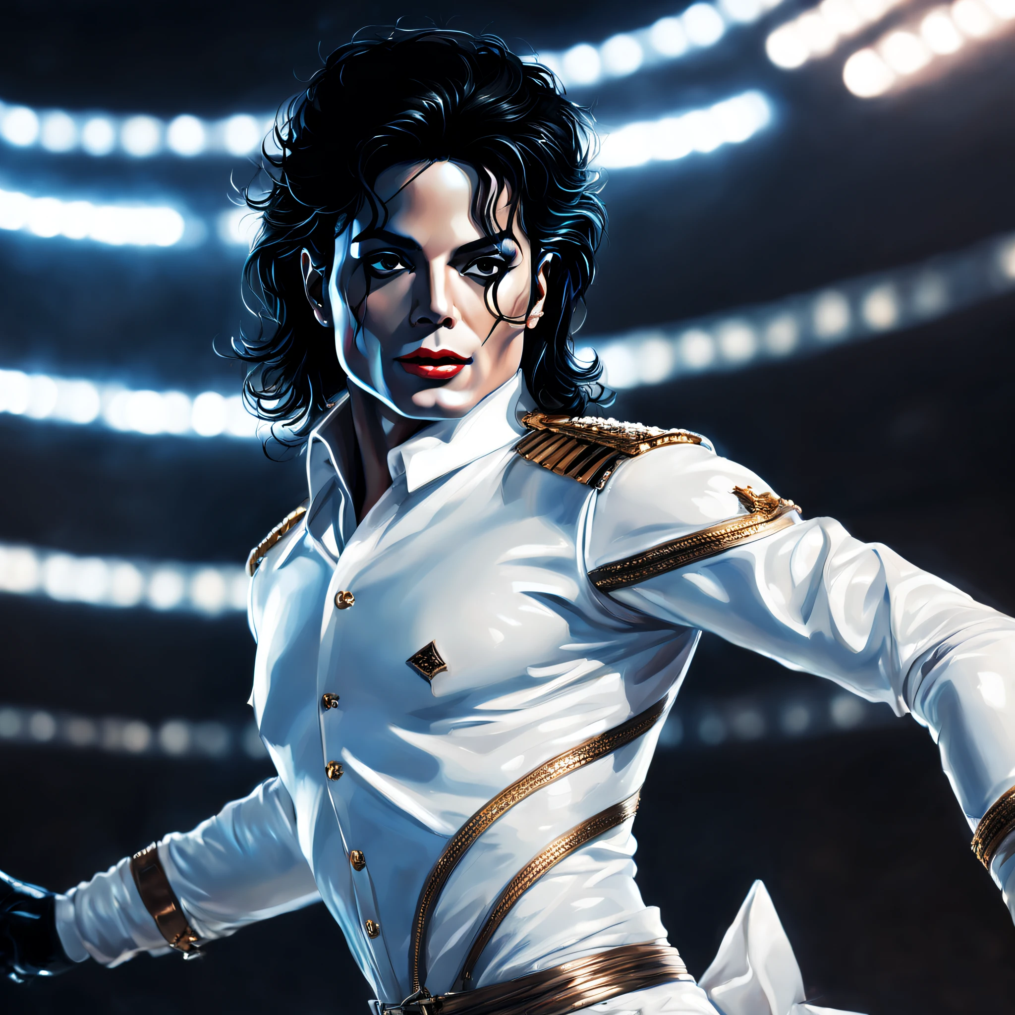 close-up of Michael Jackson, with white skin, striking a stylized pose looking forward, with a studio background, painting style made by Aleksi Briclot, midjourney, 8k.