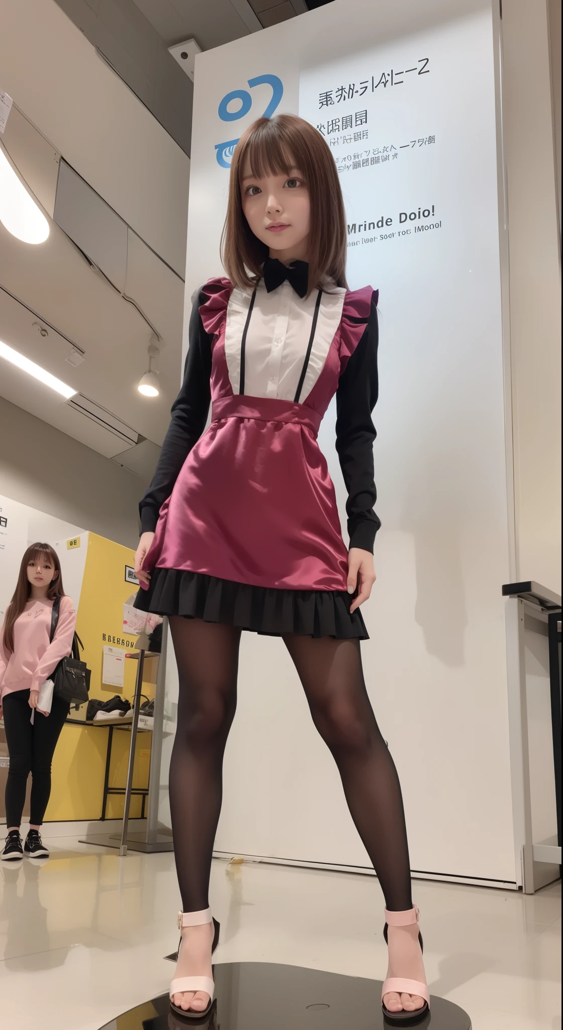f the highest quality, Slender body Idol, front facing, Well-proportioned body, exhibition, Event Hall, Moe Pose, no sleeve pink satin maid Dress, Standing with legs open, Model body type