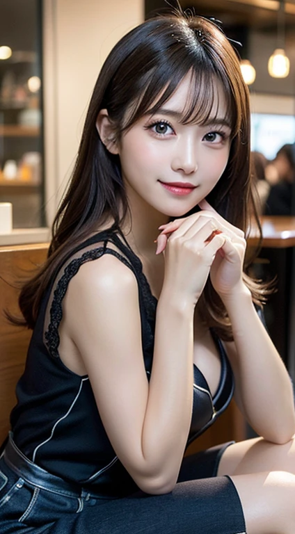 masutepiece, Best Quality, Illustration, Ultra-detailed, Full body、finely detail, hight resolution, 8K Wallpaper, Perfect dynamic composition, Beautiful detailed eyes, Women's Fashion Winter,Bob Hair, Natural Color Lip, Bold sexy poses,Smile,Harajuku、younggirl、Cute、Sexy shot looking at camera、cafes