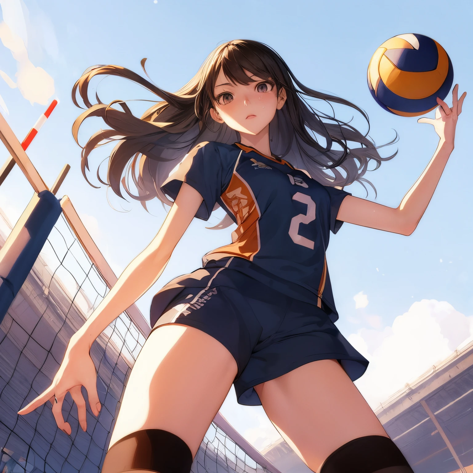 Best Quality, masutepiece,  High resolution, (Anime Heroine Illustration), Anime Paint, 1beautiful girl ,Dynamic Angle,Female volleyball players,small head,Large breasts,nice legs, Glowing skin, Sweat,At the volleyball venue ,Pretty