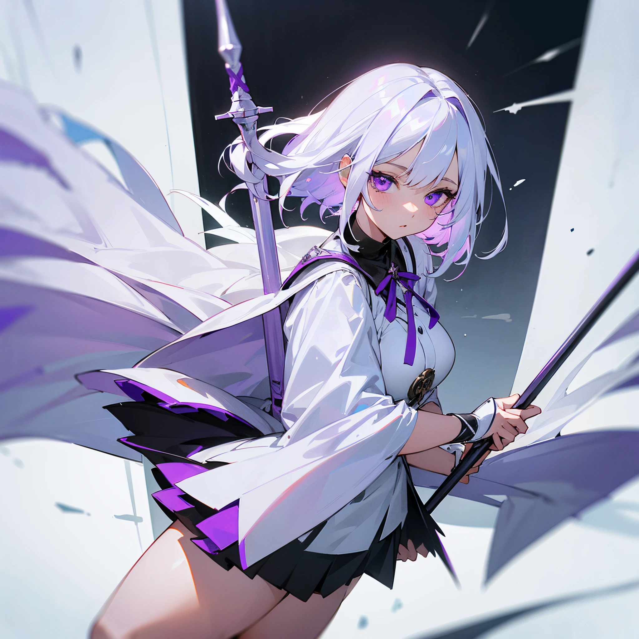 White hair, (purple eyes:1.1), black skirt, white outfit, pleated skirt, skirt, white cape, (best quality, masterpiece, RAW photo, ultra-detailed:1.2), 1 girl, solo, looking at viewer, beautiful female, spear in hand