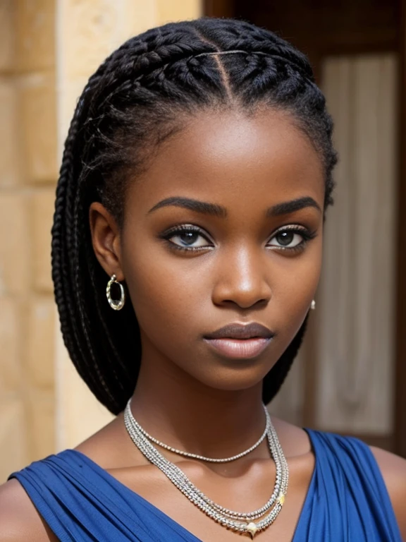 superbe fille africaine, cheveux coupe, cheveux noir, cheveux courts, Realstic,  yeux bleus