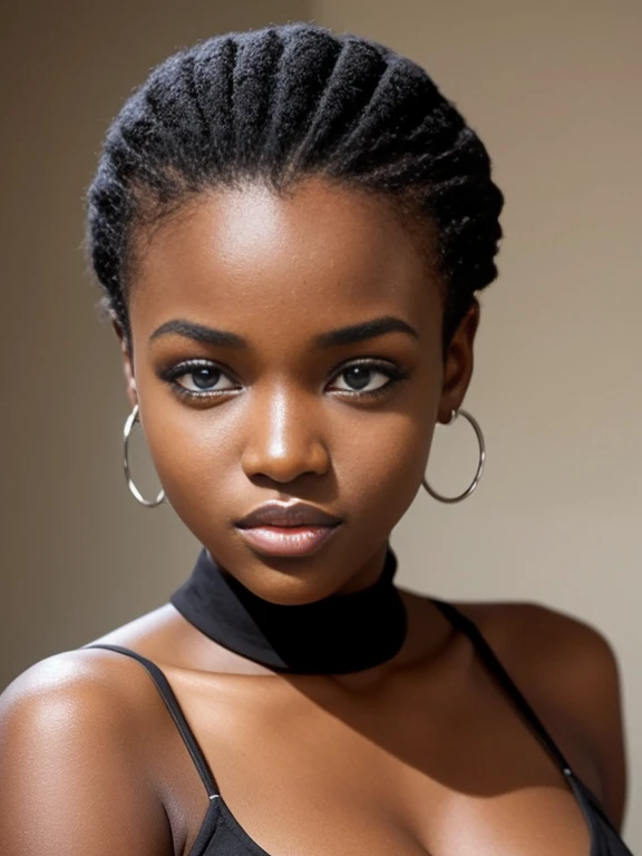 superbe fille africaine, cheveux coupe, cheveux noir, cheveux courts, Realstic,  yeux bleus