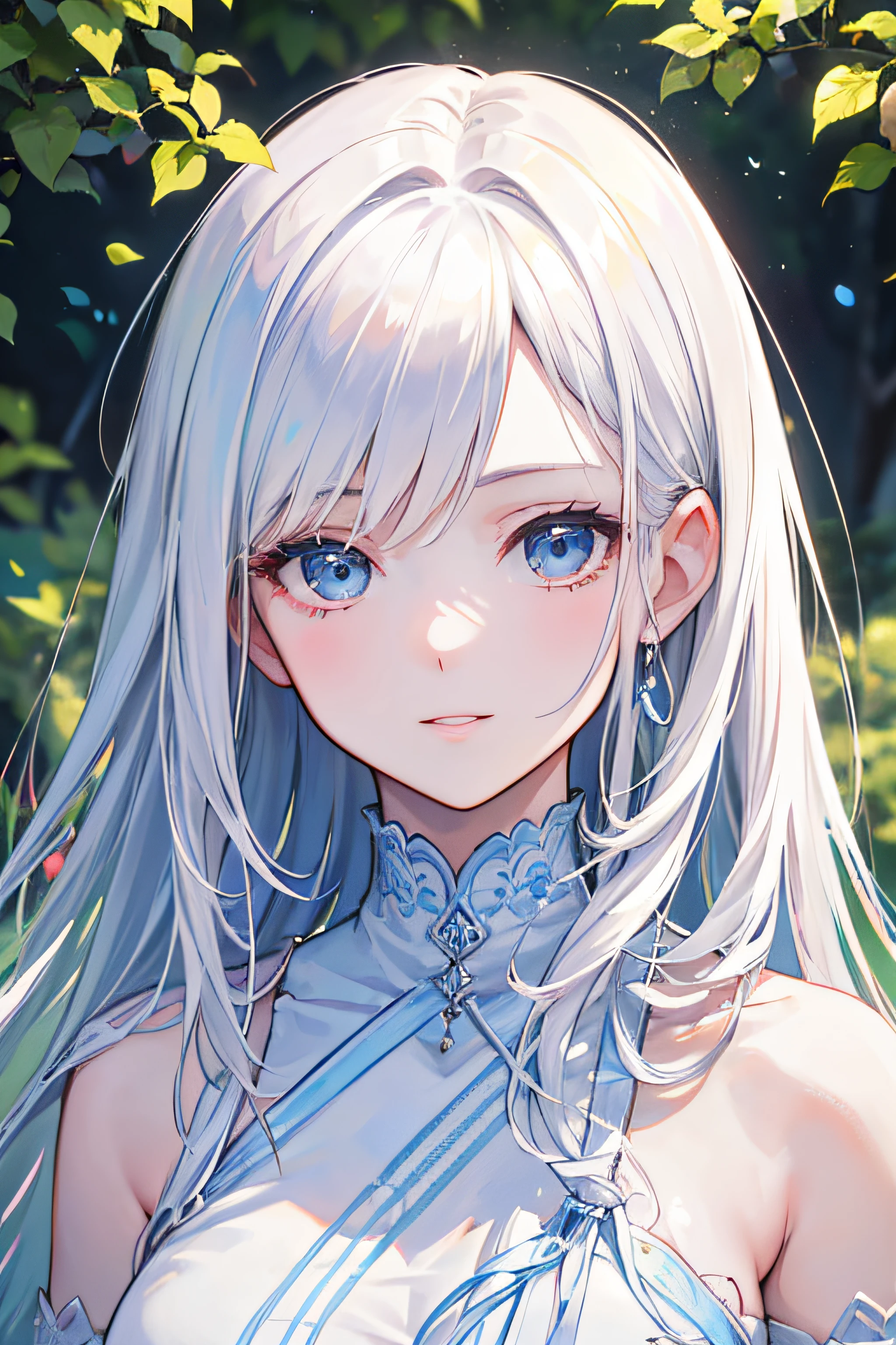 (Best Quality,4K,8K,hight resolution,masutepiece:1.2),Ultra-detailed,(Realistic,Photorealistic,Photorealsitic:1.37),long white hair,Flowing hair,Ethereal white hair,cascading hair,Beautiful detailed eyes,Beautiful detailed lips,Fair skin,Delicate facial features,(Anime,Character Illustration) Style,Vivid colors,Soft lighting,Gentle Pose,subtle smile,Stand in the garden,Flowering trees,Butterflies dancing around her,The breeze blowing through her hair,peaceful ambiance