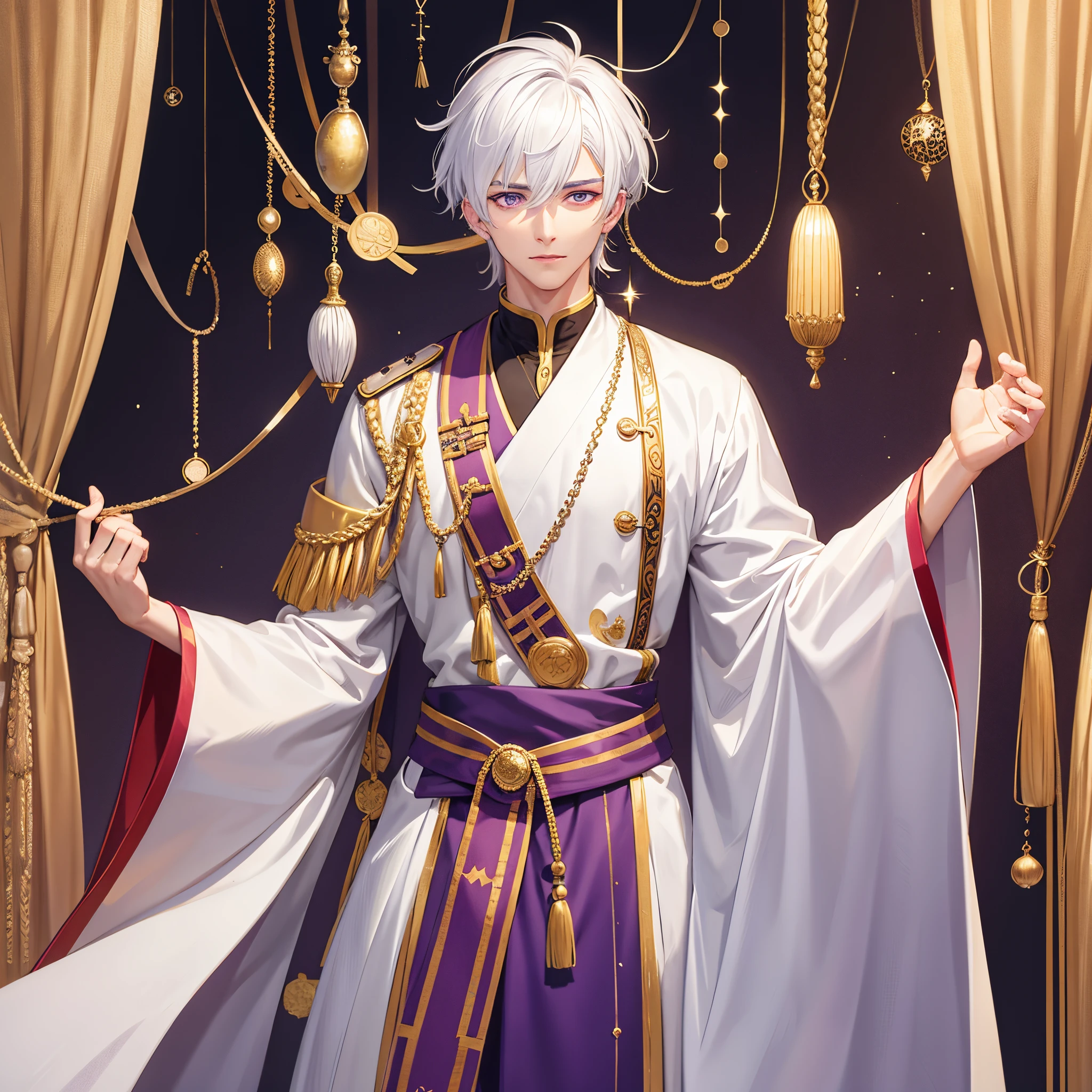 One Male with white hair, purple eyes, wearing traditional clothes, handsome, male muscular body, full body review