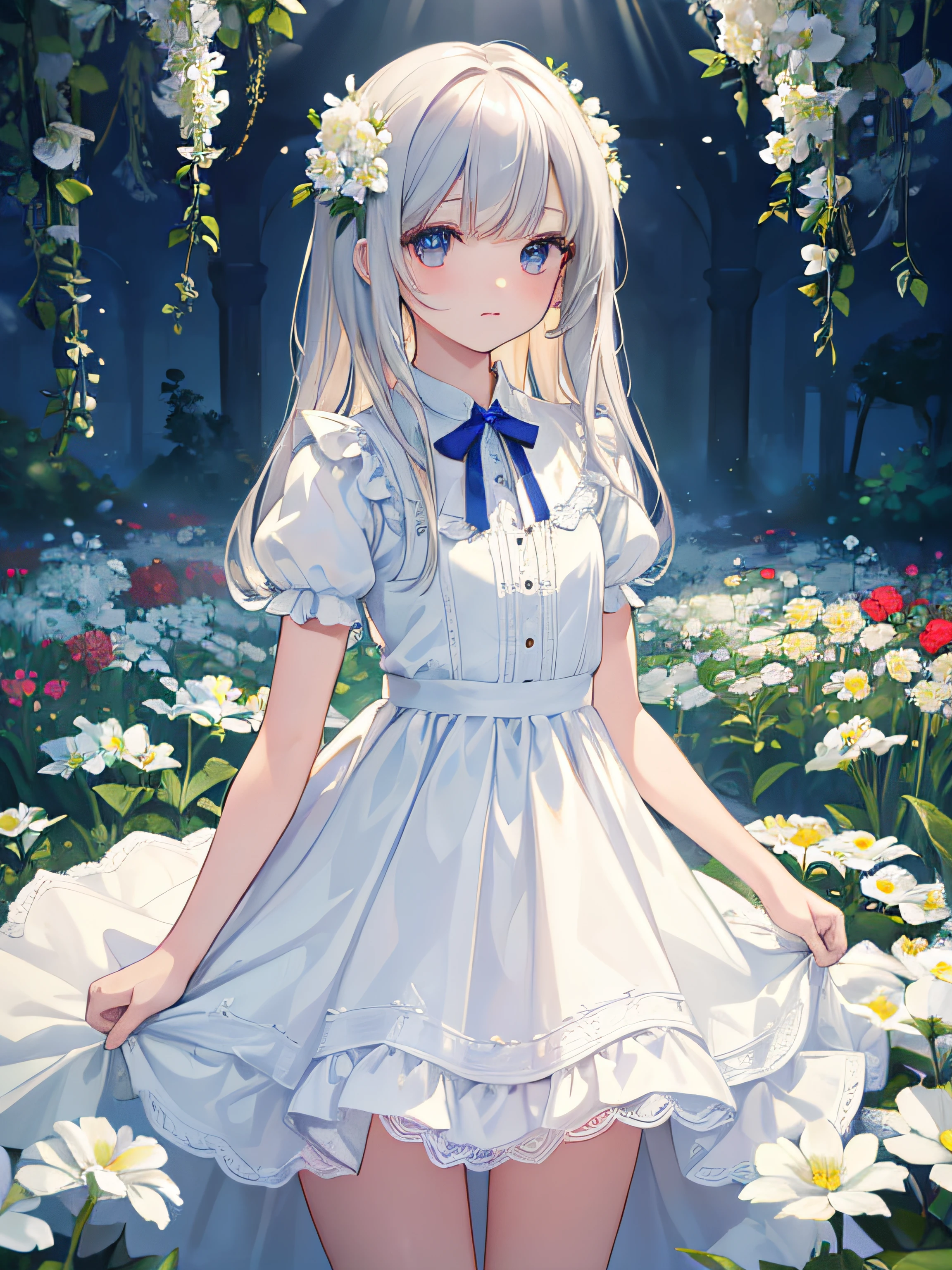(masterpiece, best quality:1.6), white lace dress, cowboy shot, thighs, beautiful girl, (flowers, many small white petals:1.3), garden, blue sky, looking at viewer, small waist, official art, raw photo, incredibly absurdres, facelight, dynamic lighting, cinematic lighting, ultra realistic, highres, photography, sharp focus, highest detailed, extreme detailed, ultra detailed, finely detail, extremely detailed eyes and face