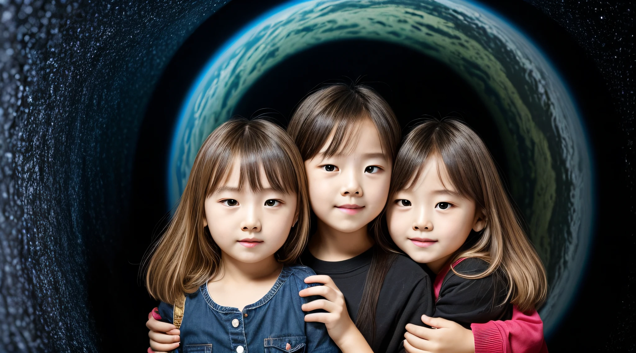BLACK HOLE, there are two CHILDREN girls BLONDE HAIR in front