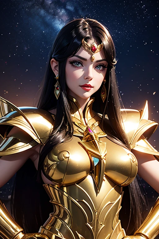 There is an adult European woman , Saint Seiya , Virgo Gold armor, Dark hair, red lips, Eye shadow, natural makeup, long curved hait, beautiful chest, Second Life Avatar, Beautiful screenshot, Second Life, attractive woman, high quality, highly detailed skin, dynamic pose