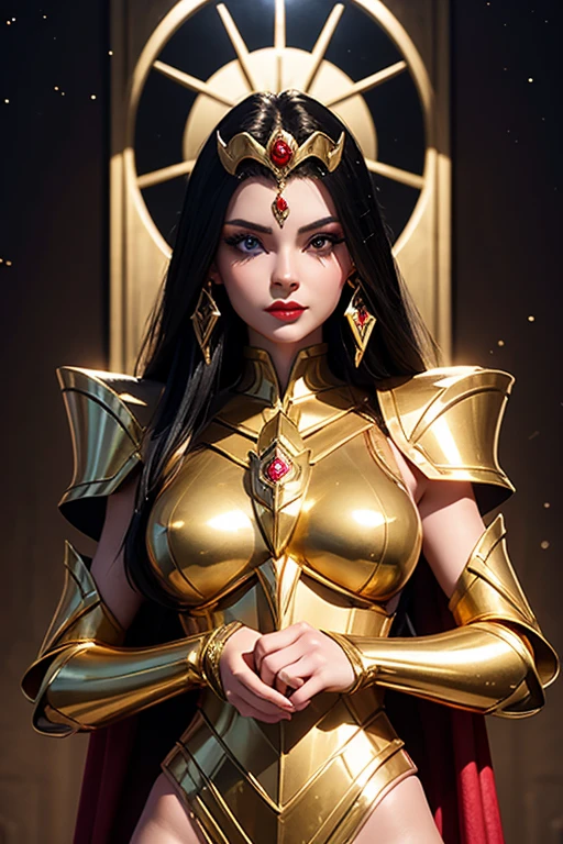 There is an adult European woman , Saint Seiya , Virgo Gold armor, Dark hair, red lips, Eye shadow, natural makeup, long curved hait, beautiful chest, Second Life Avatar, Beautiful screenshot, Second Life, attractive woman, high quality, highly detailed skin, dynamic pose