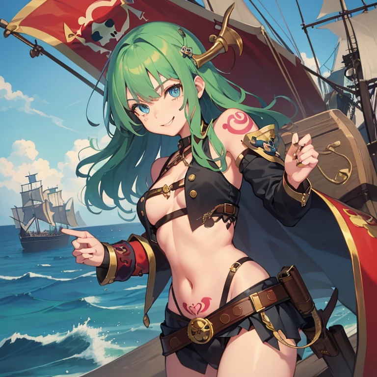 ((1 pirate woman, belt on her pussy with a sword, brown shorts with open zip, bare breasts, skull tattoo on her arms)),((medium breasts)),((very large pubic hair)),((large hair brown)),((green eyes, smile)),((facing the viewer)),((on a pirate ship, at sea during the day)),