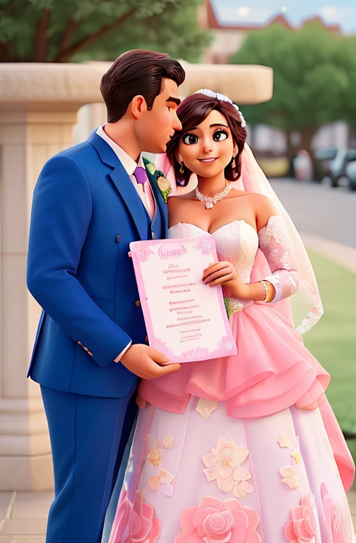 a man and woman in blue suits standing next to each other, lovely couple, celebrating an illegal marriage, wearing a pink tux, facebook post, slightly realistic, bride and groom, wedding photo, complex background, thought provoking, captured on canon eos r 6, wearing pink floral gown, look at all that detail!, * colour splash *, very clear picture, professional wedding photography