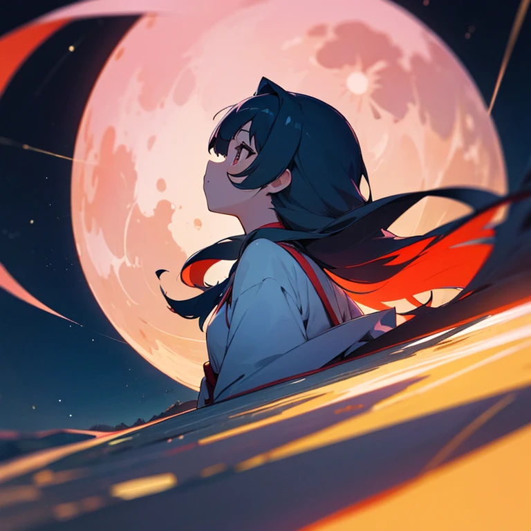 Under the night sky,The girl looked up at the sky,8K high-definition,The beautiful,bblurry,long hair girl,in a panoramic view,Dazzling moon,Light,anime,Back Shadow