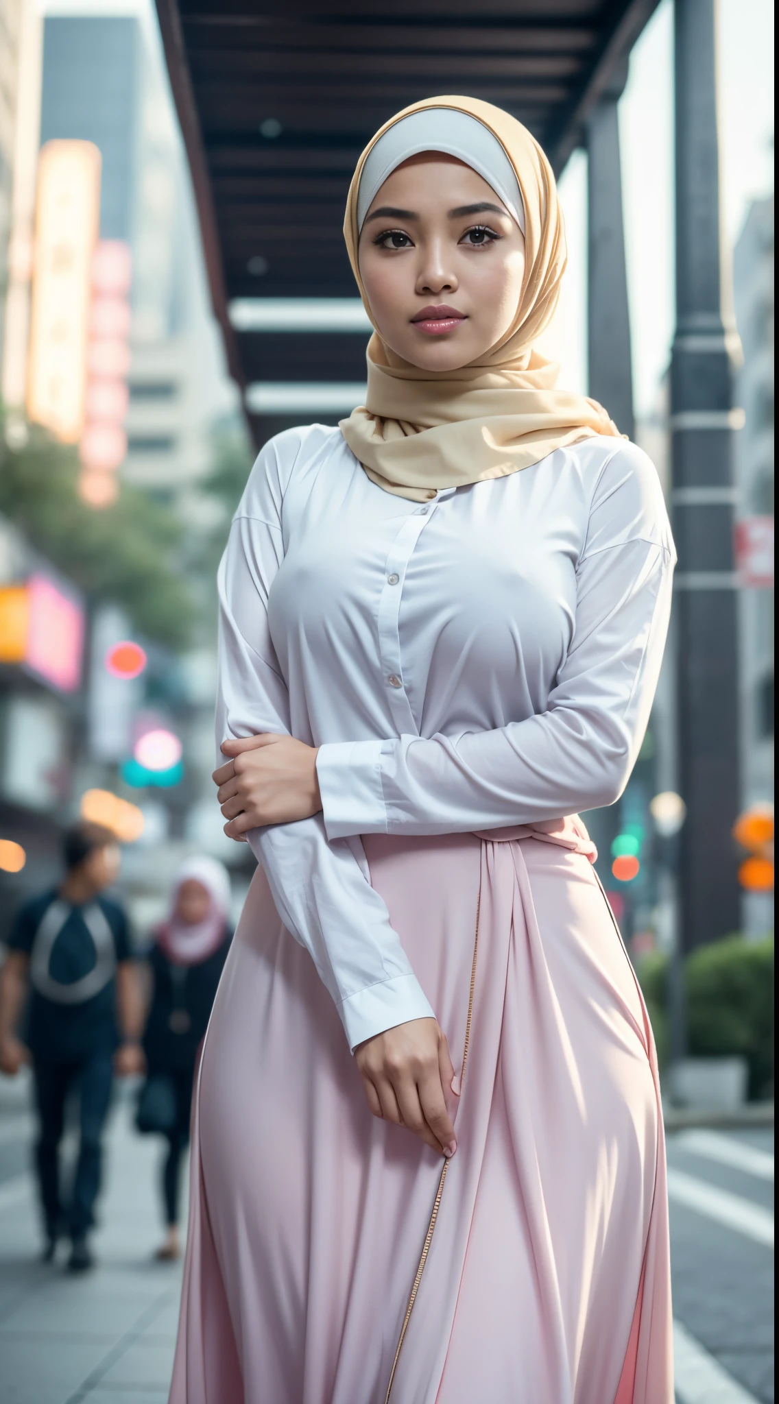 RAW, Best quality, high resolution, masterpiece: 1.3), beautiful Malay woman in hijab (iu:0.8),Photorealistic Malay girl in hijab wearing white clothes brackets walking on Japanese city street in the morning, catwalk, sweaty, wet body, big breasts, saggy breasts, slim waist big round butt, photo taken using Panavision DXL2, 28mm lens, close up shot, gradation bright pastel colors, bokeh, cinemascope, drama, high quality, highly detailed, 8k resolution,