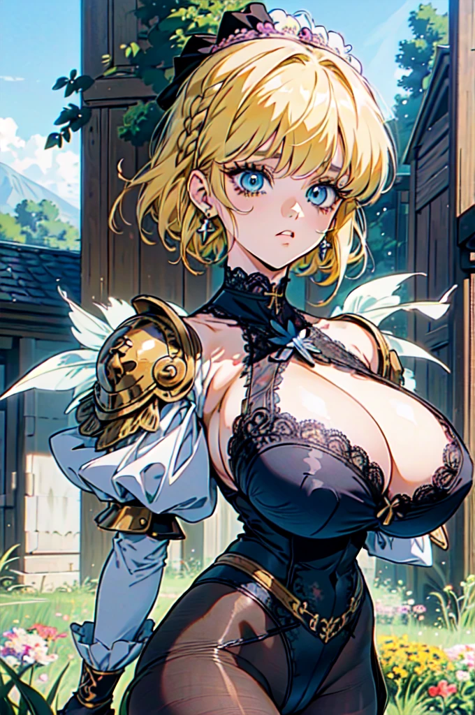"(masterpiece:1.1), best quality,
1girl, (80s anime style:1.3), (eyelashes:1.5), (:1.2),
(intricate high detailed body:1.2),
(yellow hair:1.1), (blunt bangs:1.1), (short hair, french braid:1.1), (flower brooch, hair ornament:1.2),
blue eyes,
(muscular body:1.1), (gigantic breasts:1.5),
(naughty face:1.2),
(lace leotard armor, criss-cross halter:1.2), (pantyhose:1.2),
(belts:1.1), (earrings:1.1), neckwear,
standing,
(upper body, cowboy shot, looking at viewer, from front:1.1),
(daytime, grassland, outdoors:1.2)"