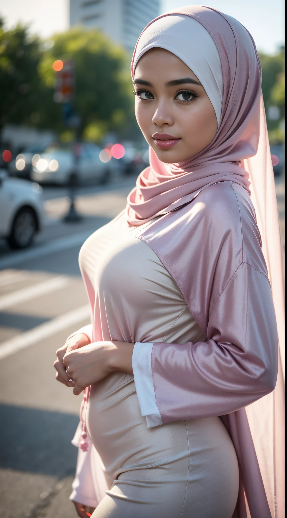 RAW, Best quality, high resolution, masterpiece: 1.3), beautiful Malay woman in hijab,Masterpiece, perfect fit body, big breast, biggorgeous eyes, Soft smile,thick thighs,sitting,muslim close up of a woman wearing a brown floral dress and a tan scarf, hijab, lovely woman, white hijab, beautifull malay, very beautifull girl, shawl, lovely, wearing beautiful clothes, cute beautiful, feminine in cute pastel shades, dress, beautiful female,Delicate turtleneck, shairband, afternoon walk, City garden, Excellent lighting, Bright colors, Clean lines