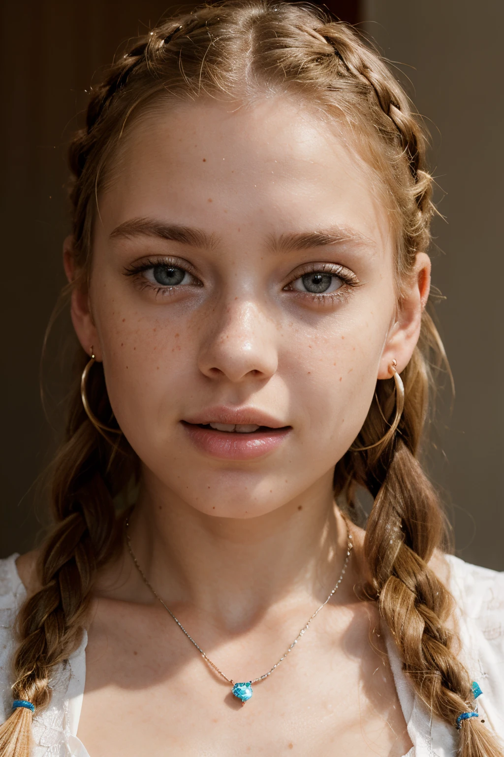Portrait of tween girl, pale skin, blonde hair bun, freckles,