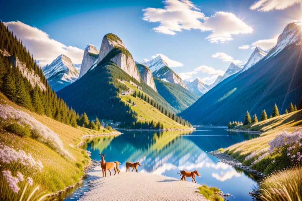 Fairy tales, Stage play background plate, Mountain river, All kinds of animals except insect, Background screen of stage play, Ghibli-like colours, Pixar, blind box toy style, stereogram, Sony FE, Sony FE GM, close-up, cowboy shot, blurry foreground, best quality, super detail, 8k, highres, UHD, ccurate, masterpiece, high details, award winning