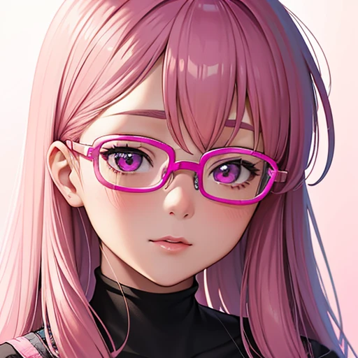 Close up portrait of pink-haired woman wearing glasses, Guvez style artwork, guvez, kawaii realistic portrait, Inspired by Kiyohiko, Glowing pink face, pink girl, Beautiful Anime Portrait, Pink glasses, glowing pink eyes, realistic anime 3 d style, Yang Juncheng, Realistic anime art style, ((Pink)8K