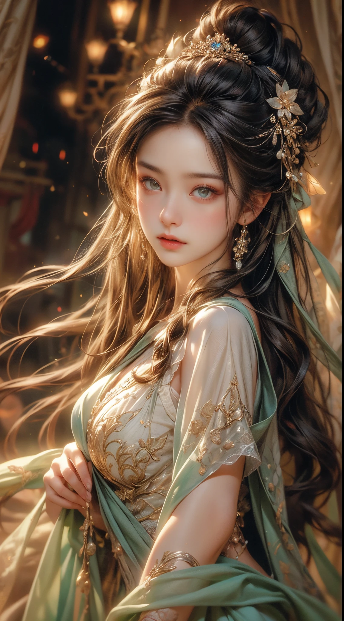 A girl with long messy hair stands in front of a world-famous theater. The theater is a super-detailed CG unified 8k wall, Featuring stunning architectural details and vibrant colors. girl'flowing and knotted hair, Add a touch of natural beauty to the scene. The lights in the theater are like watching a movie, Warm soft light illuminates the girl's face. Has subtle lens flare,Add drama to images. This girl has a cute and delicate appearance, It has beautiful delicate eyes and lips. The overall image quality is of the highest standard, Featuring ultra-detailed textures and intricate details. This is a masterpiece of the perfect fusion of art and technology.