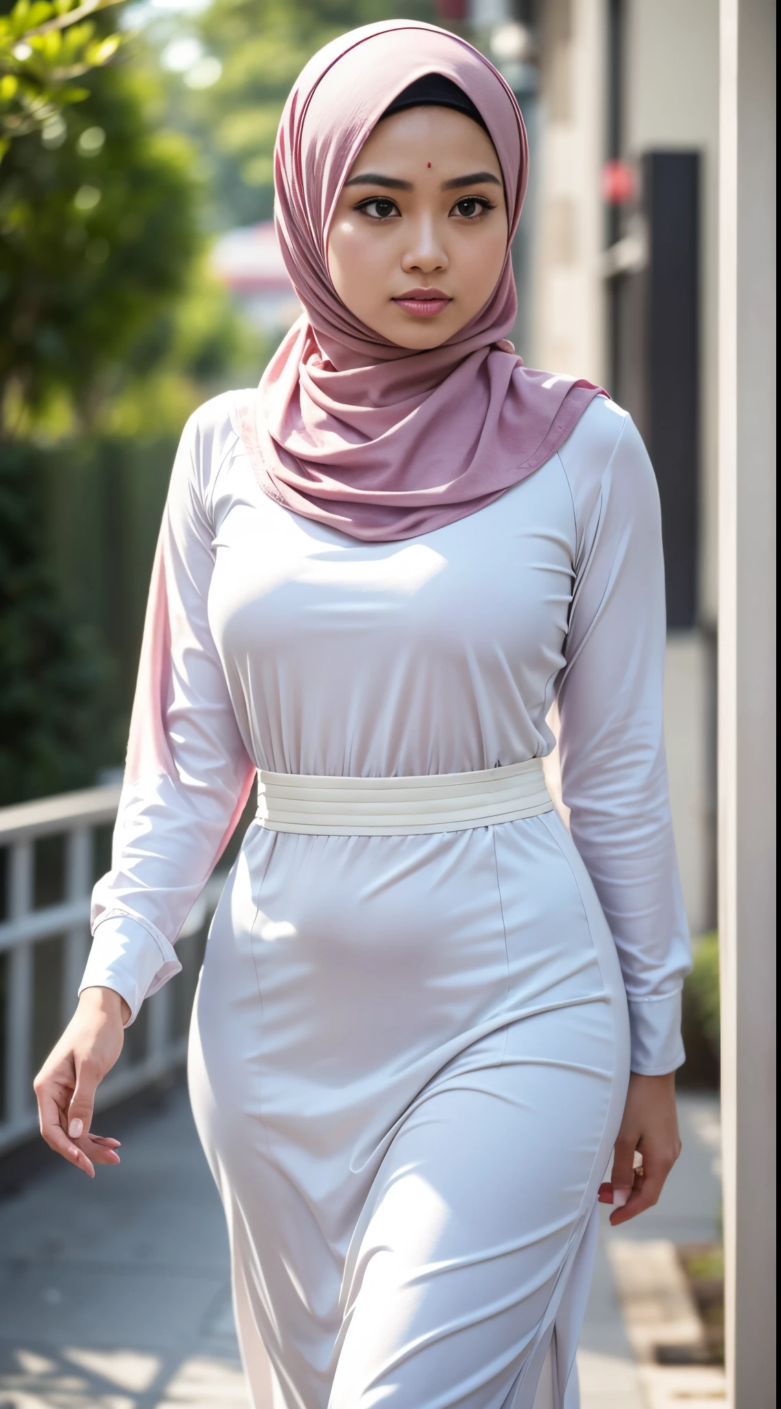 1 malay woman in hijab,((wear tight white baju kurung with small floral pattern)),(big buttocks), big round ass, Small chest, laughing smile, (hijab flying), de pele branca,big breasts thin waist, mexico-style street, Hyper-Realism, Cinematic lighting, depth of fields, From back below, vanishing point, F/2.8, Anatomically correct, Textured skin, Super Detail, awardwinning, Best Quality, hight resolution,