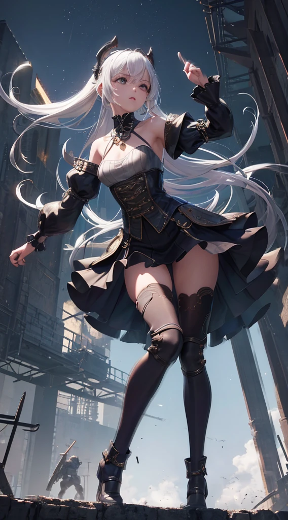 ((Super best quality)), ((A very masterpiece)), ((super detailing:1.4)), ((hyper realistic lifelike 3d)), Dragon Warrior Girl, Mechanical body, Dynamic action poses in battle scenes, Mechanical weapons of very complex and heavy fighters, Off-the-shoulder fashion that blends dense and complex steampunk with dense gothic ta, Complex steampunk headgear, very thin long legs, Mechanical boots above the knee, Fluttering lace flared mini skirt, beautiful small breasts directed upwards,Slightly long, vertically curly silver hair flutters in the wind,Countless shining large spheres flying around,Many sparks cross and fly,Countless neon signs rained down from magic-evoking gestures,Steampunk Factory,Complex and precise mechanical ruins,Very dark night background,Very dramatic and cinematic lighting。