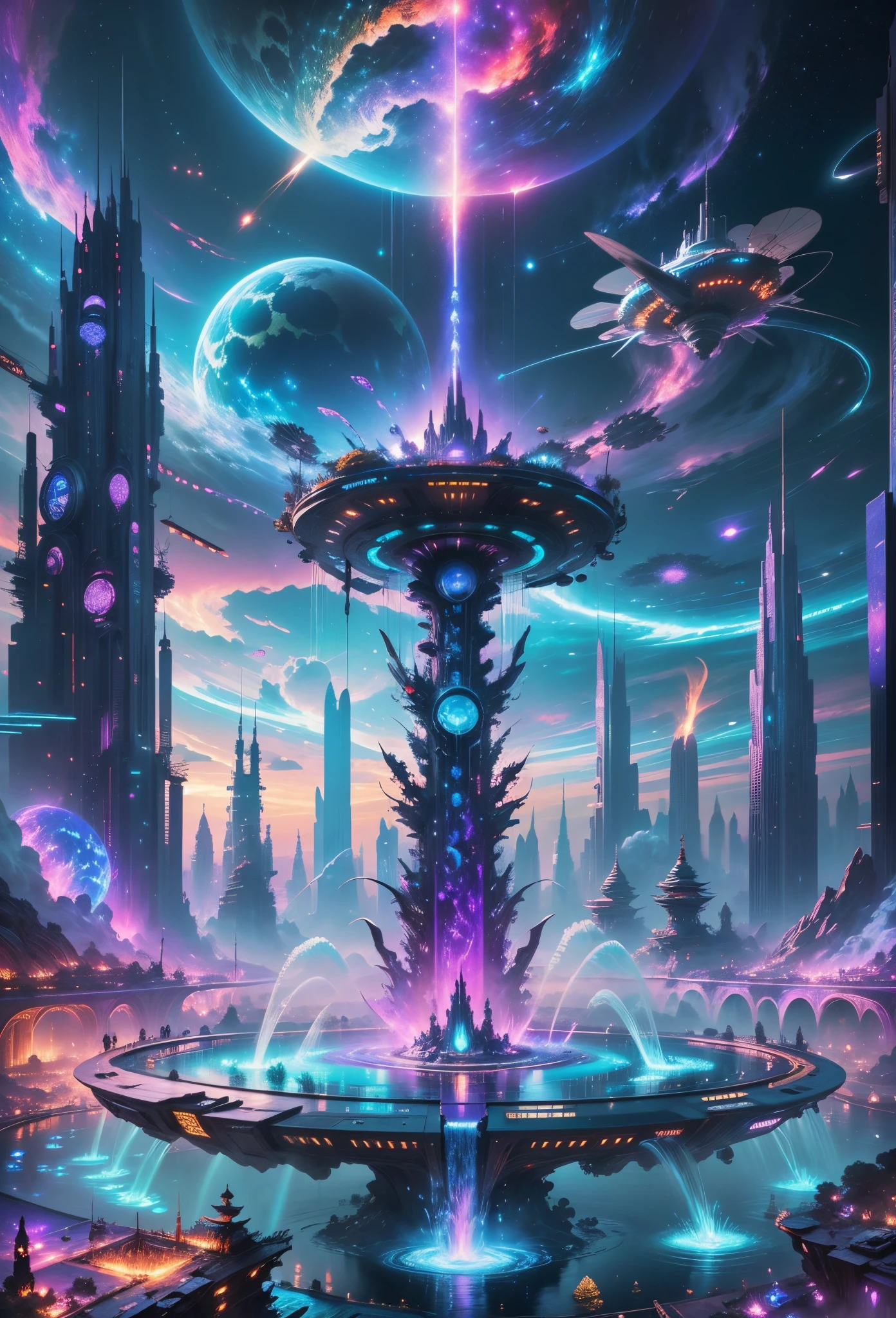 In this painting，We can see a spectacular futuristic sci-fi fountain。the fountain itself is not made of conventional materials，instead, It&#39;s made of a super alloy unique to Cybertron，Shining with a silver-white light.。This alloy flows like liquid metal，and emits a slight blue light，Make the entire fountain look mysterious and high-tech。 The shape of the water column in the fountain is also very futuristic..，It is not a traditional water column，instead, It consists of a virtual energy field，Presenting a smooth three-dimensional shape。The colors of the energy field are mainly blue and purple，It seems to be condensed from nebulae in the universe，Gives people a mysterious and dreamy feeling。 Surrounding the fountain is Cybertron&#39;s unique technological civilization landscape.。Towering skyscrapers and airplanes flying across the skyline，The busy city scene can be seen through the glass curtain wall。Blue neon lights light up the city，Match the lights of the fountain，Build a bright future city。 in distance，The magnificent spaceport is visible，A huge spaceship is rising，Providing convenience for interstellar travelers。starrysky，Twinkling with countless stars and distant galaxies，Spaceship travels the universe，It adds an infinite sense of future and world view to the entire picture..。 The whole picture is full of future technological elements，The spectacle is spectacular，Cybertron&#39;s technological civilization combined with beautiful fountains，Create unprecedented visual impact and sense of world。This painting shows the perfect integration of future technology and art，It feels like you are in a future world on another planet。