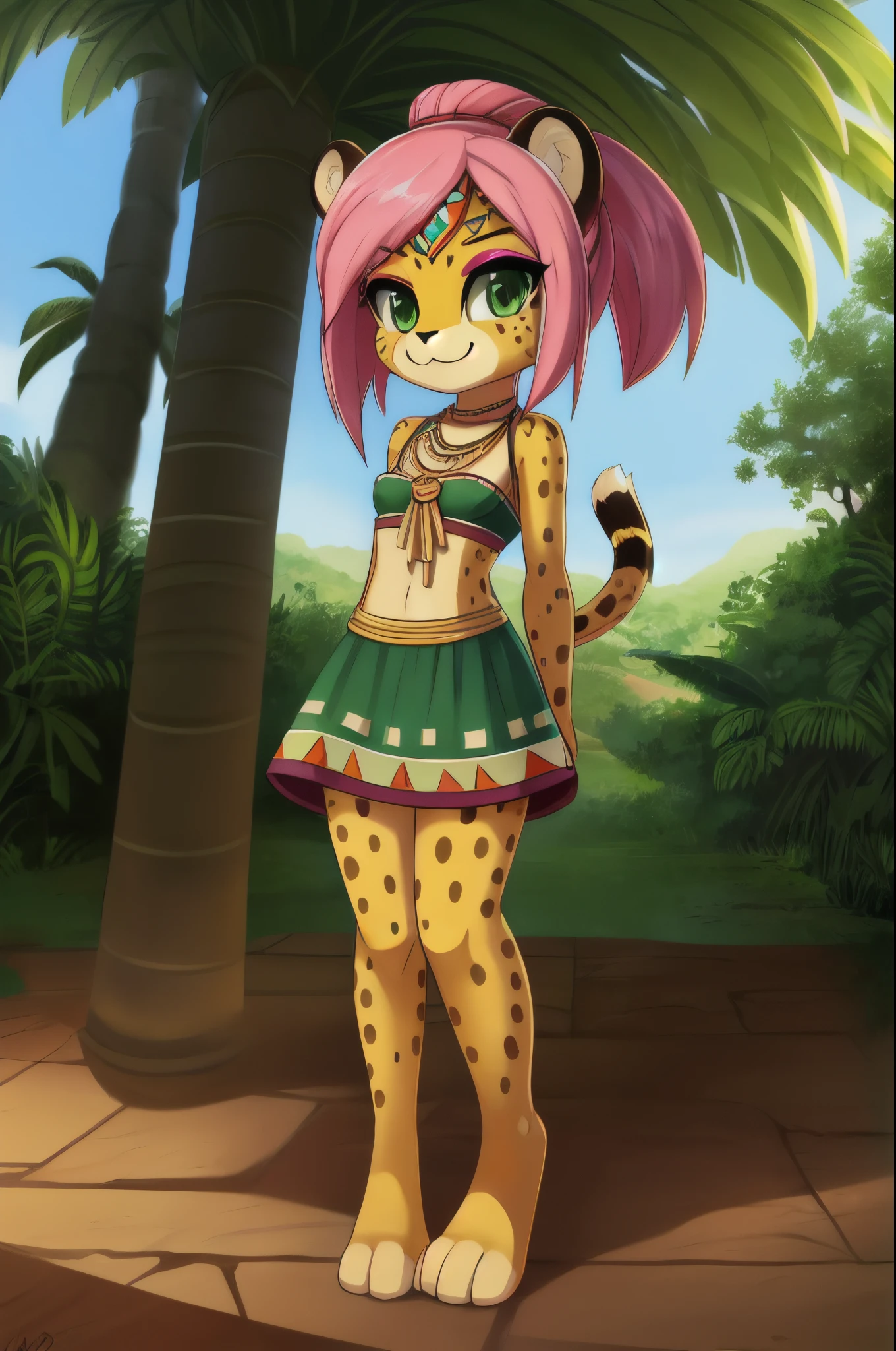 Furry girl, young, cheetah, pink hair, spiky hairstyle, short spiky ponytail, Green eyes, two tone body fur, yellow body fur, clear yellow body fur, small breasts, feets whit three toes, full body, :3, detailed body fur, detailed eyes, detailed face, glistering body, shiny body, gorgeous body, masterpiece, high quality, detailed shadows, detailed lighting, Colorful Tribal Dress, Headdress, Thick Eyelashes, Makeup, Eyeshadow, Medium Hair, Jungle, Jungle Detail Outdoor Background, Ref, Professional Lighting, ((Topwear & Bottomwear)), (Aztec, Aztec Girl:1.2)