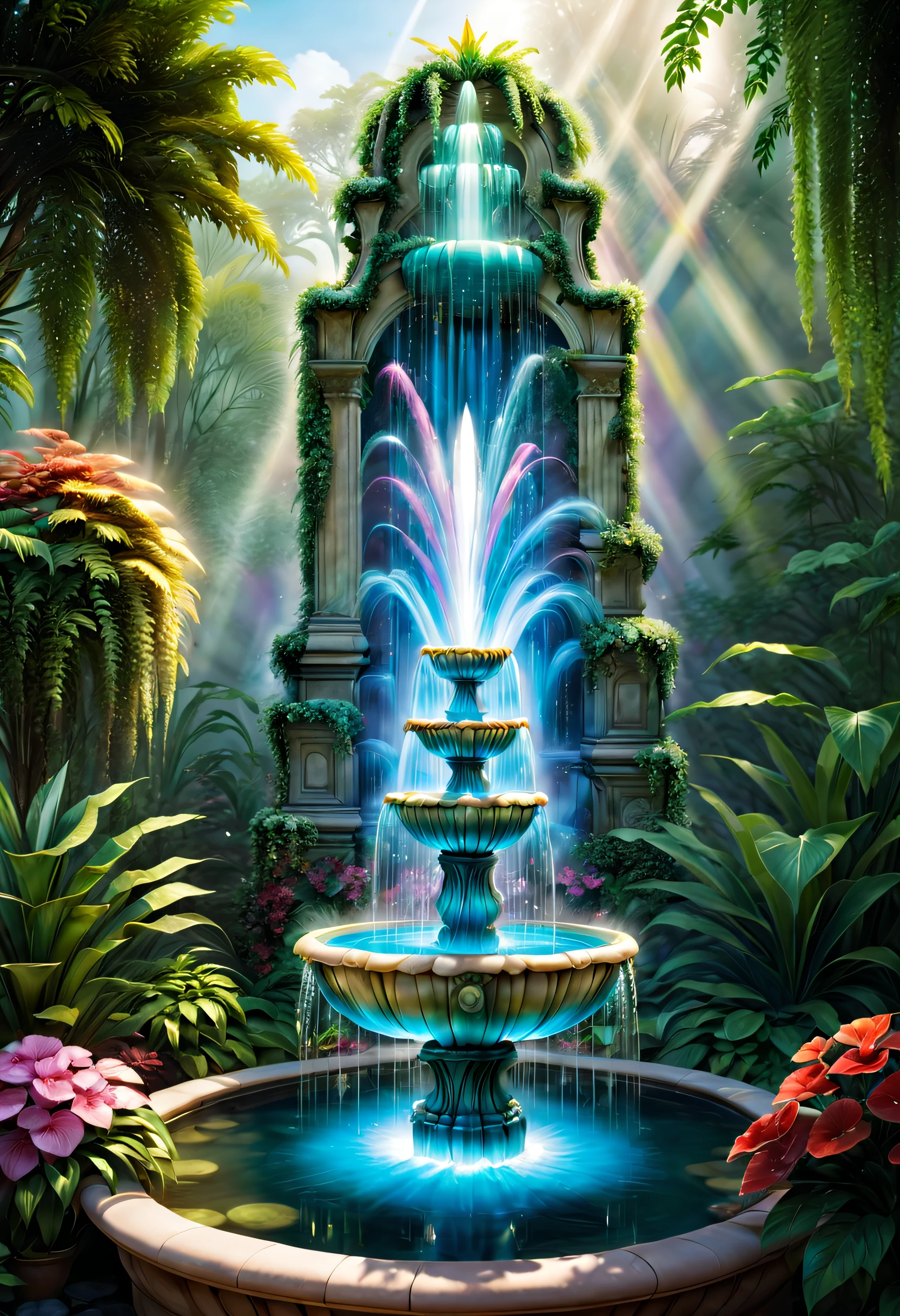 Above all，Fountains should be designed to be made of clear crystal，Looks noble and gorgeous。Colored minerals can be added inside the crystal，Makes the crystal show different colors and levels，Enhance visual effects。 secondly，The gush of spring water should express vitality and vitality，The water column can be designed into a huge and full shape，Erupting from the center of the crystal，Forming a spectacular scene of water jets gushing out。 ao mesmo tempo，The environment around the fountain also needs to be considered。You can design a garden or park around the crystal fountain，Let the fountain complement the surrounding plants and natural environment。The fountain can be placed in a small lake or pond，Enhance the freshness and dynamics of the entire scene。 Enfim，Can utilize lighting and projection technology，Enhance the visual effect of the entire scene。Can set up lights around the fountain，Illuminate the crystal fountain with different colors and brightness，Produce strange light and shadow effects。Can project different patterns on surrounding trees or plants，Enhance the worldview of the entire scene。 through these designs，Can show the nobility and magnificence of crystal fountain，At the same time, it is full of natural vitality and vitality.，Make the entire scene full of visual impact and worldview。